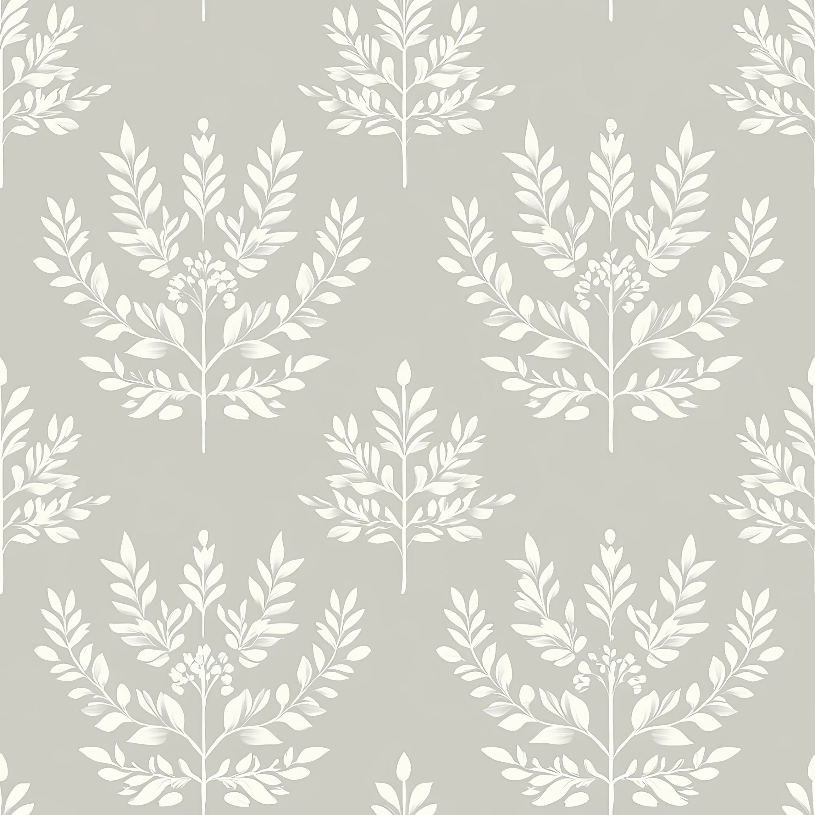 Timeless Botanical Harmony wallpaper with traditional laurel wreaths in ivory on a muted gray background, perfect for tranquil interiors.