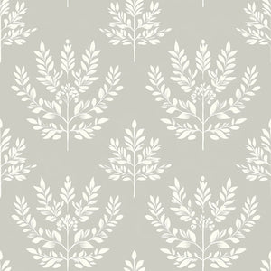 Timeless Botanical Harmony wallpaper with traditional laurel wreaths in ivory on a muted gray background, perfect for tranquil interiors.