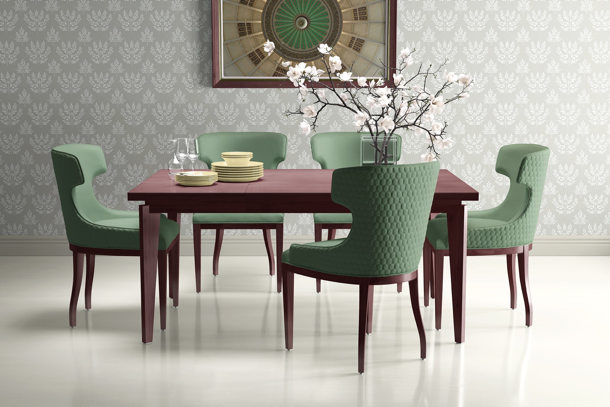Dining room with green chairs, dark wood table, laurel wreath patterned wallpaper in ivory and gray, and decorative wall art.