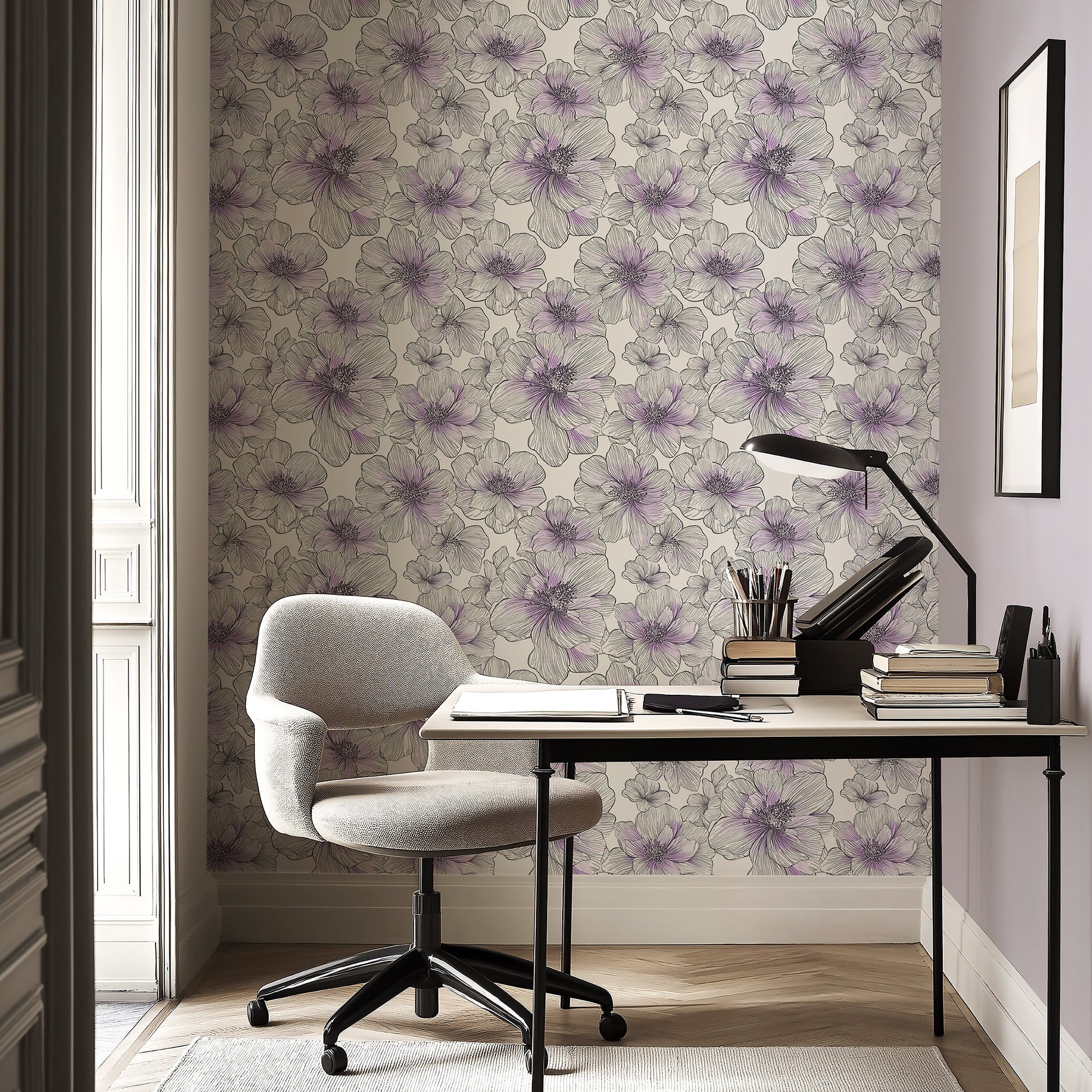 Modern chic lavender lines wallpaper with monochrome floral design in a serene workspace setting.