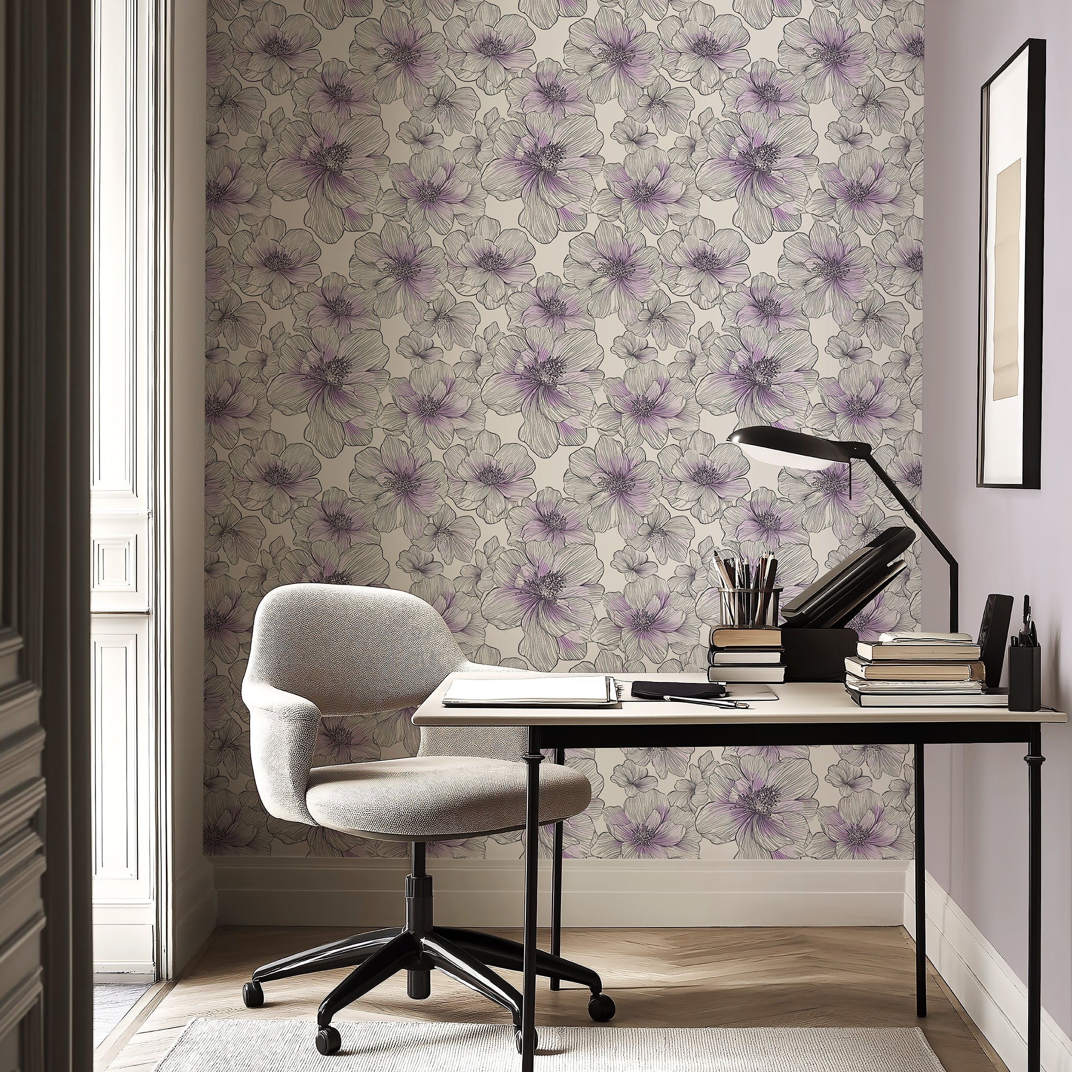Modern chic lavender lines wallpaper with monochrome floral design in a serene workspace setting.