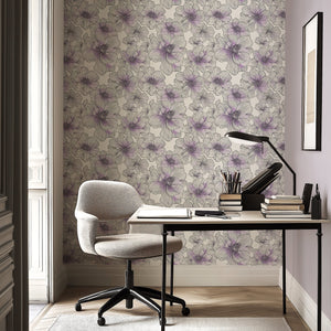 Modern chic lavender lines wallpaper with monochrome floral design in a serene workspace setting.