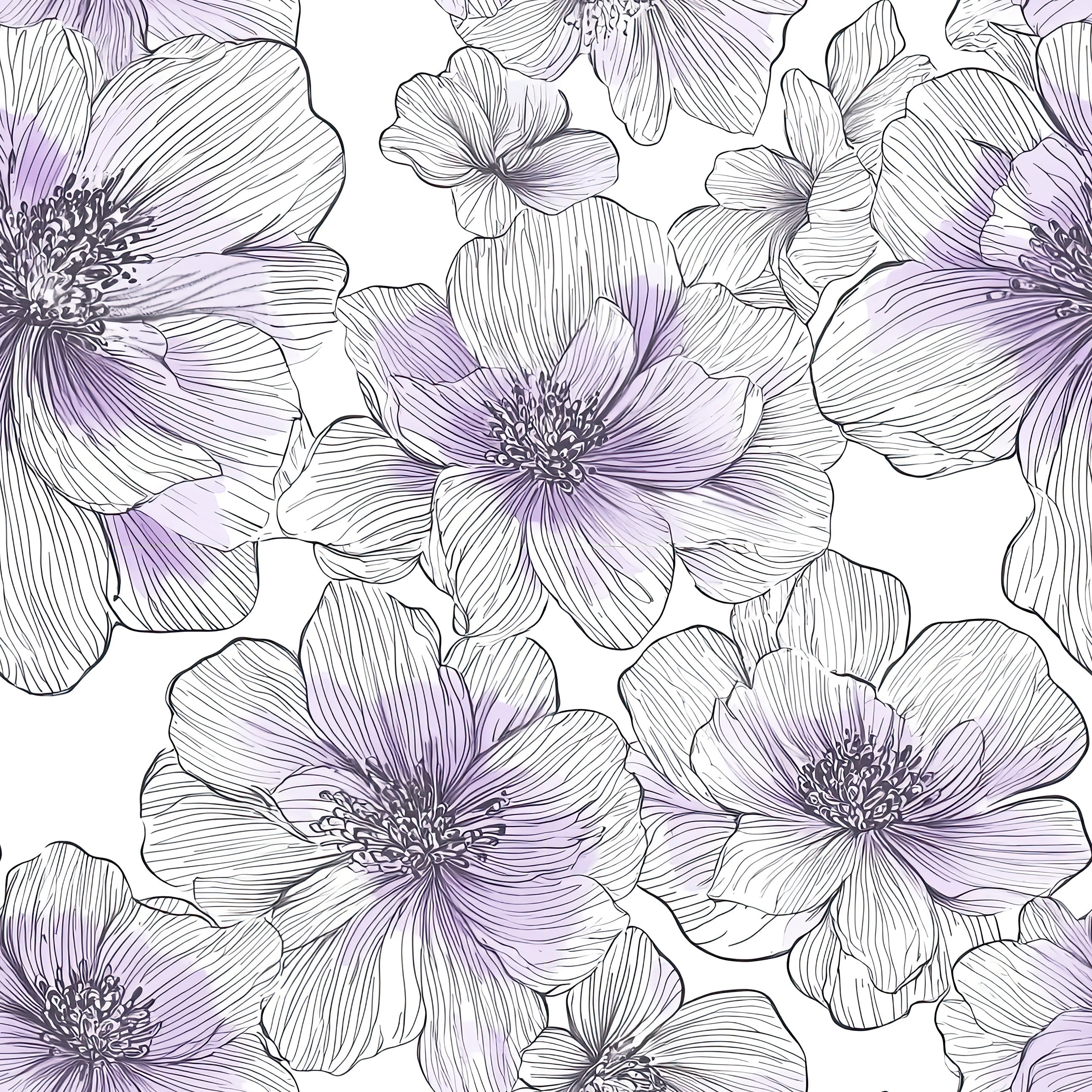 Hand-drawn floral wallpaper with lavender and white monochrome flowers, creating a modern, serene atmosphere for accent walls.
