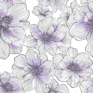 Hand-drawn floral wallpaper with lavender and white monochrome flowers, creating a modern, serene atmosphere for accent walls.