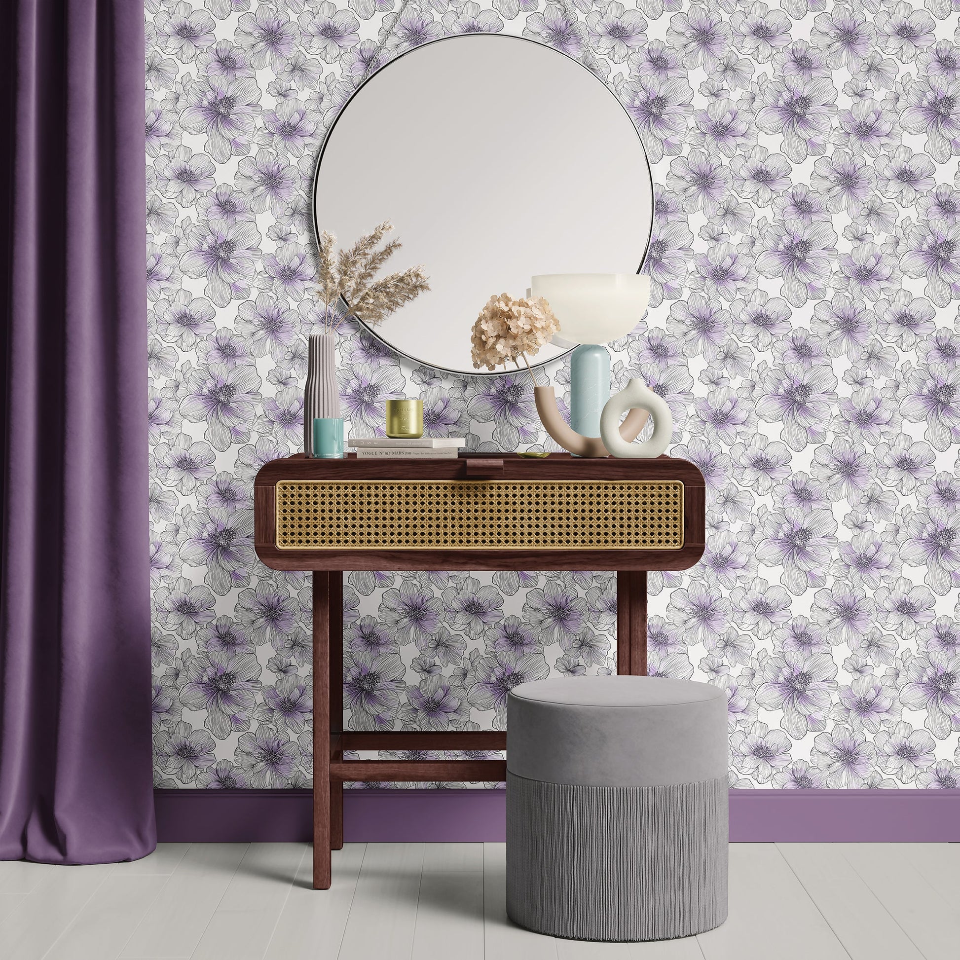 Modern interior with chic lavender lines floral wallpaper, featuring hand-drawn flowers in purple and white, enhancing elegance.