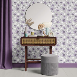 Modern interior with chic lavender lines floral wallpaper, featuring hand-drawn flowers in purple and white, enhancing elegance.