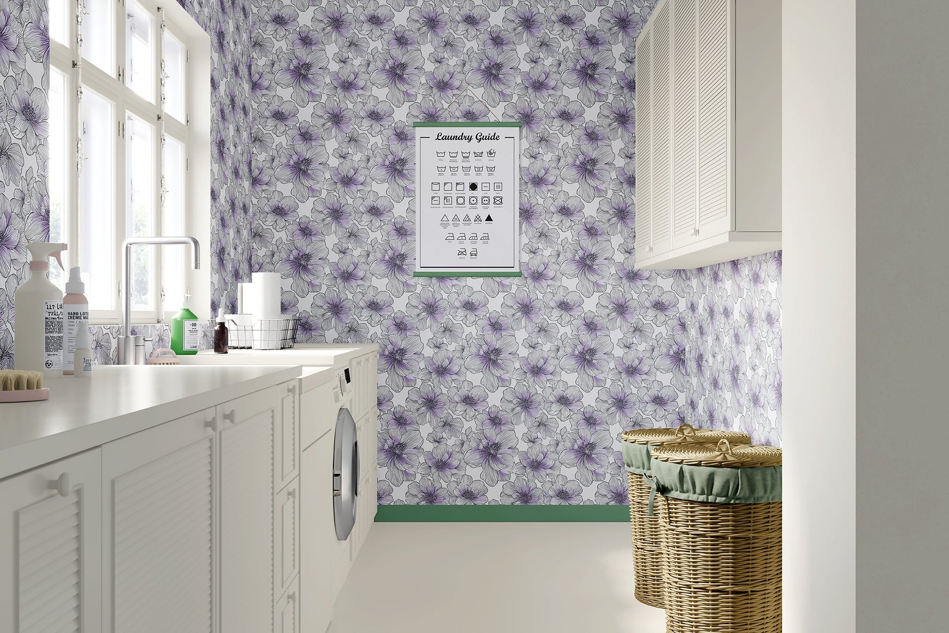 Modern laundry room with chic lavender and white floral wallpaper creating a serene, monochrome aesthetic for accent walls.