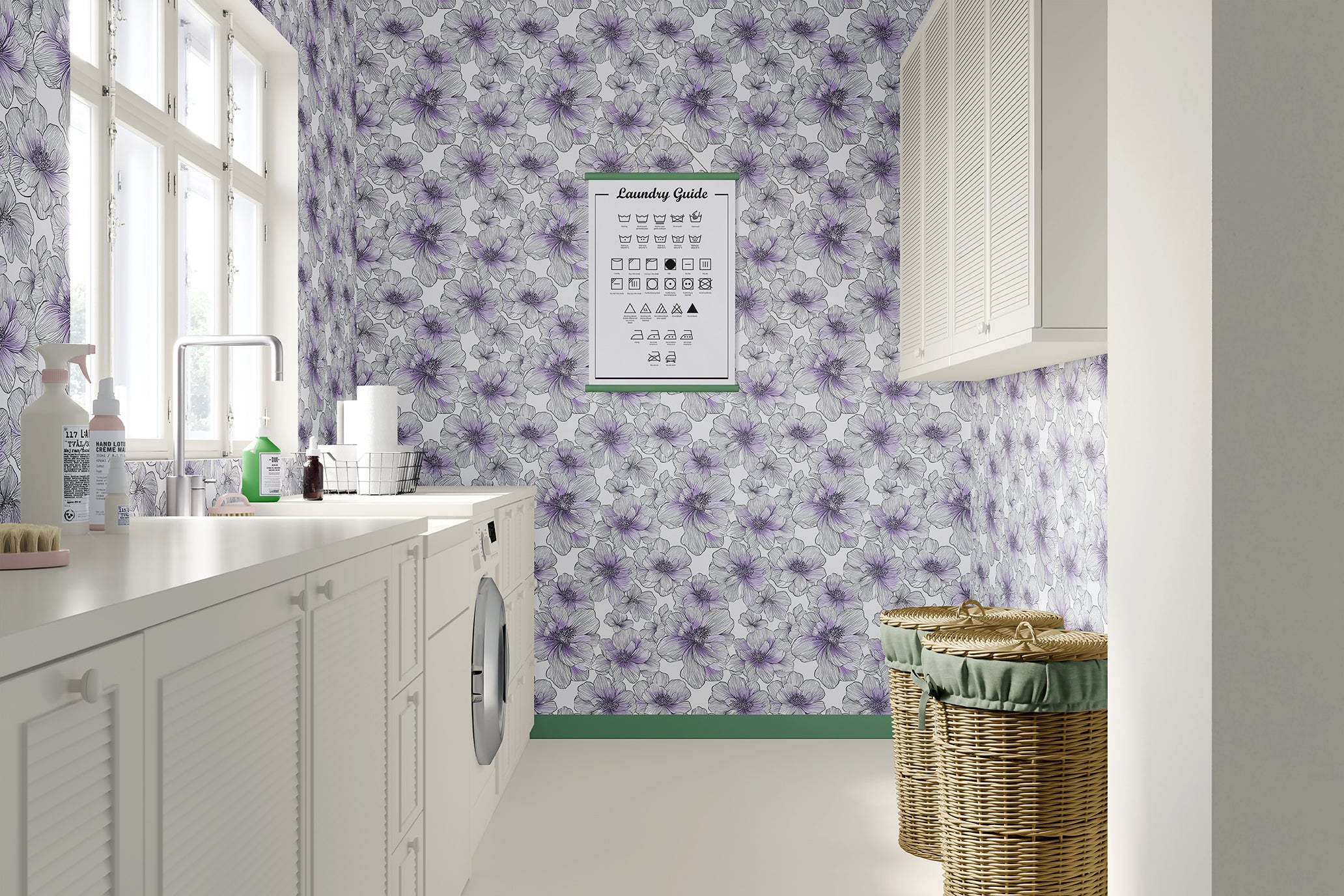 Modern laundry room with chic lavender and white floral wallpaper creating a serene, monochrome aesthetic for accent walls.