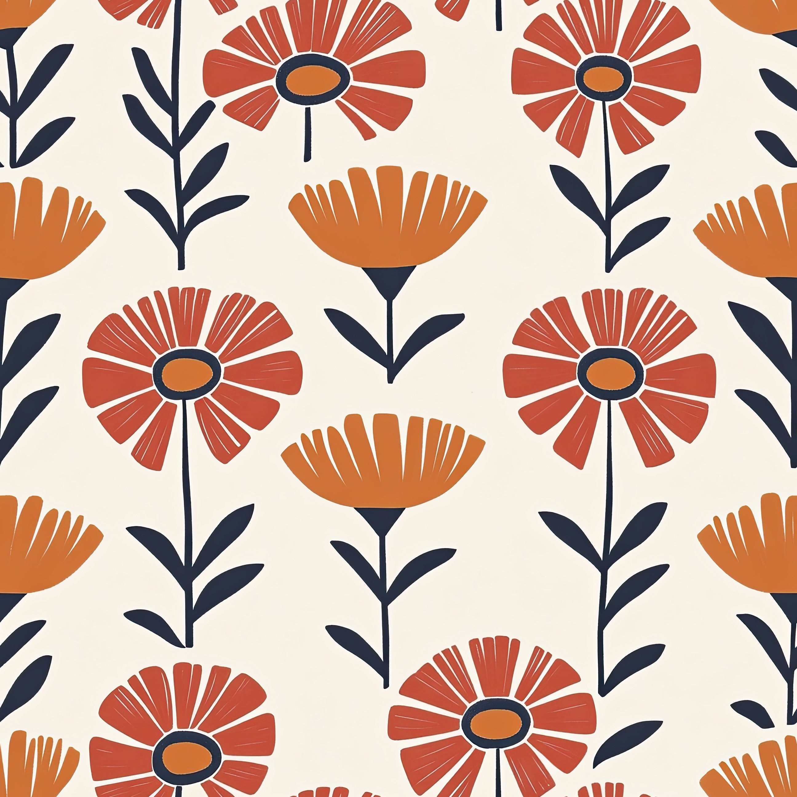 Retro floral wallpaper with vibrant red and orange flowers on a creamy background, perfect for children's rooms and modern accents.