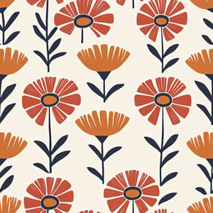 Retro floral wallpaper with vibrant red and orange flowers on a creamy background, perfect for children's rooms and modern accents.