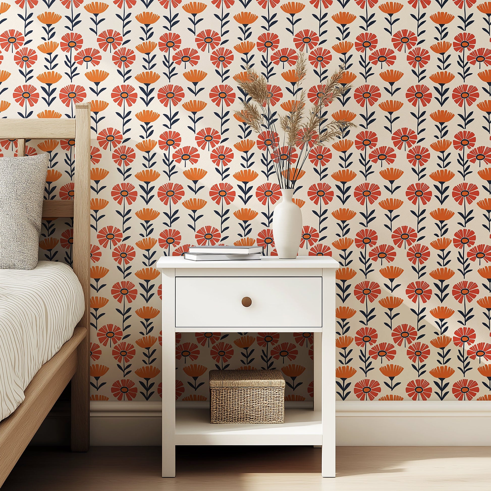 Retro floral wallpaper with orange and red flowers, perfect for children's rooms. Energetic and modern design on a creamy background.