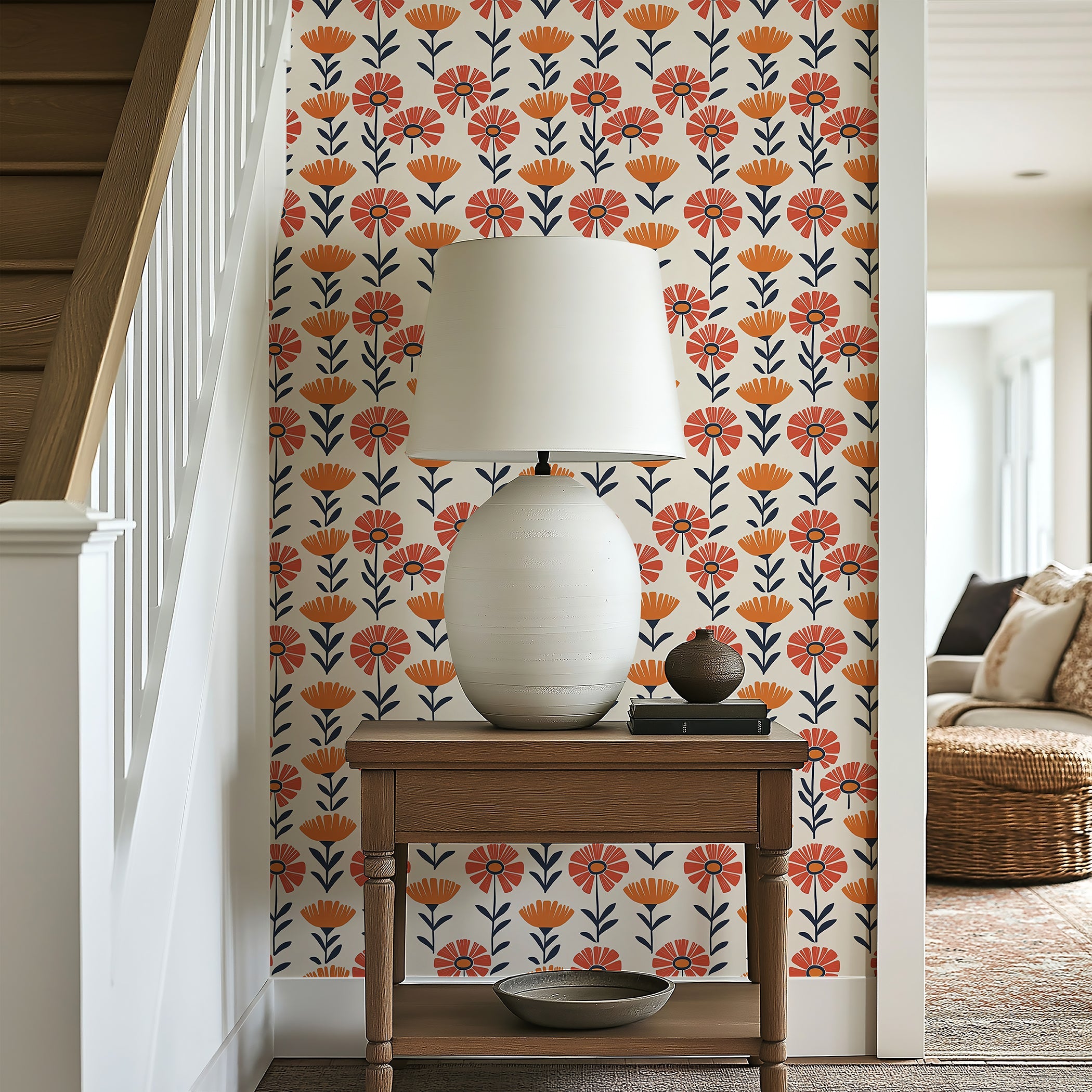 Retro-modern floral wallpaper with vibrant red and orange flowers, perfect for children's rooms and accent walls, adding playful charm.
