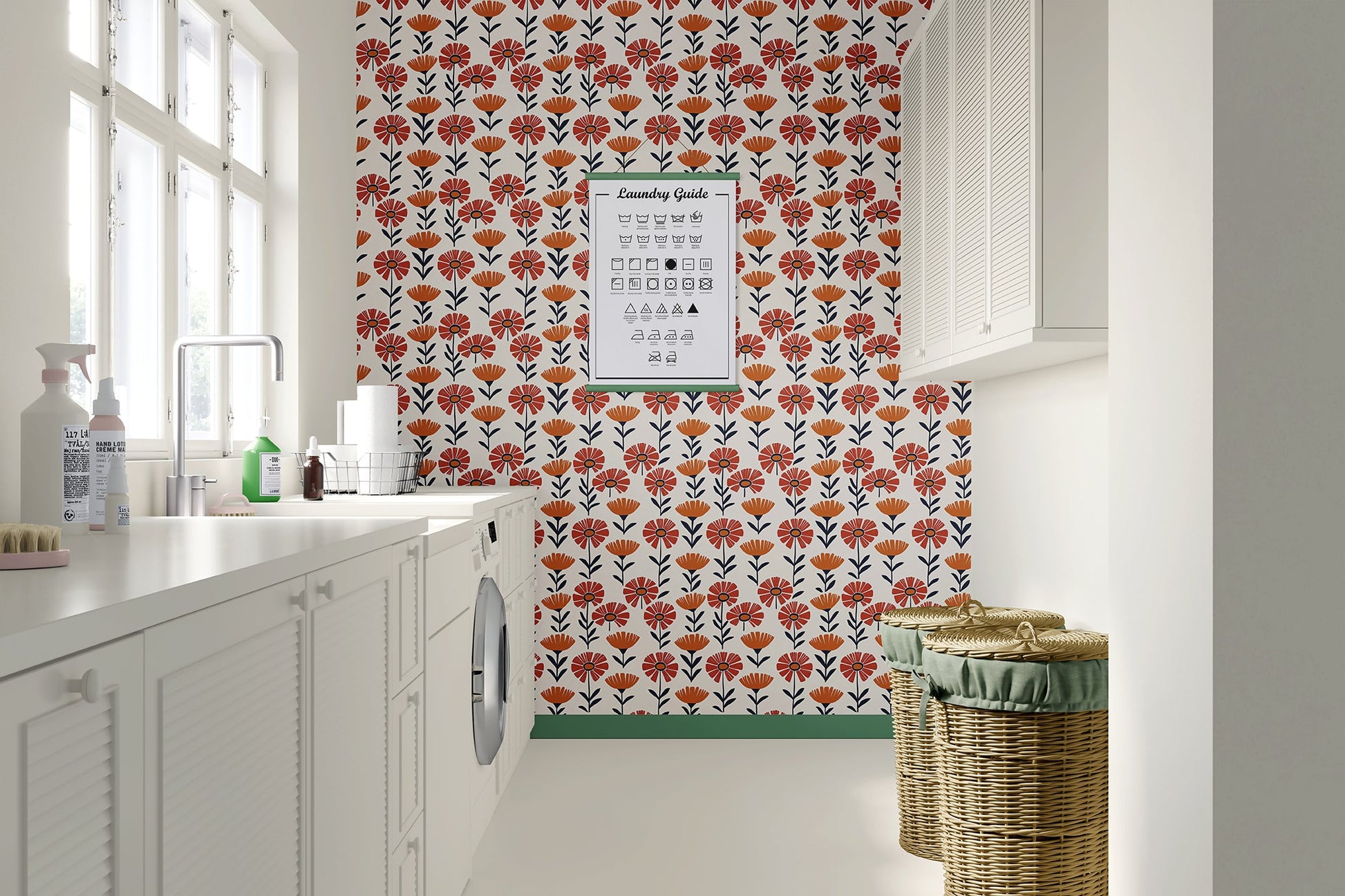 Retro floral wallpaper with red and orange flowers on a cream background in a modern laundry room. Keywords: flowers, children, retro.