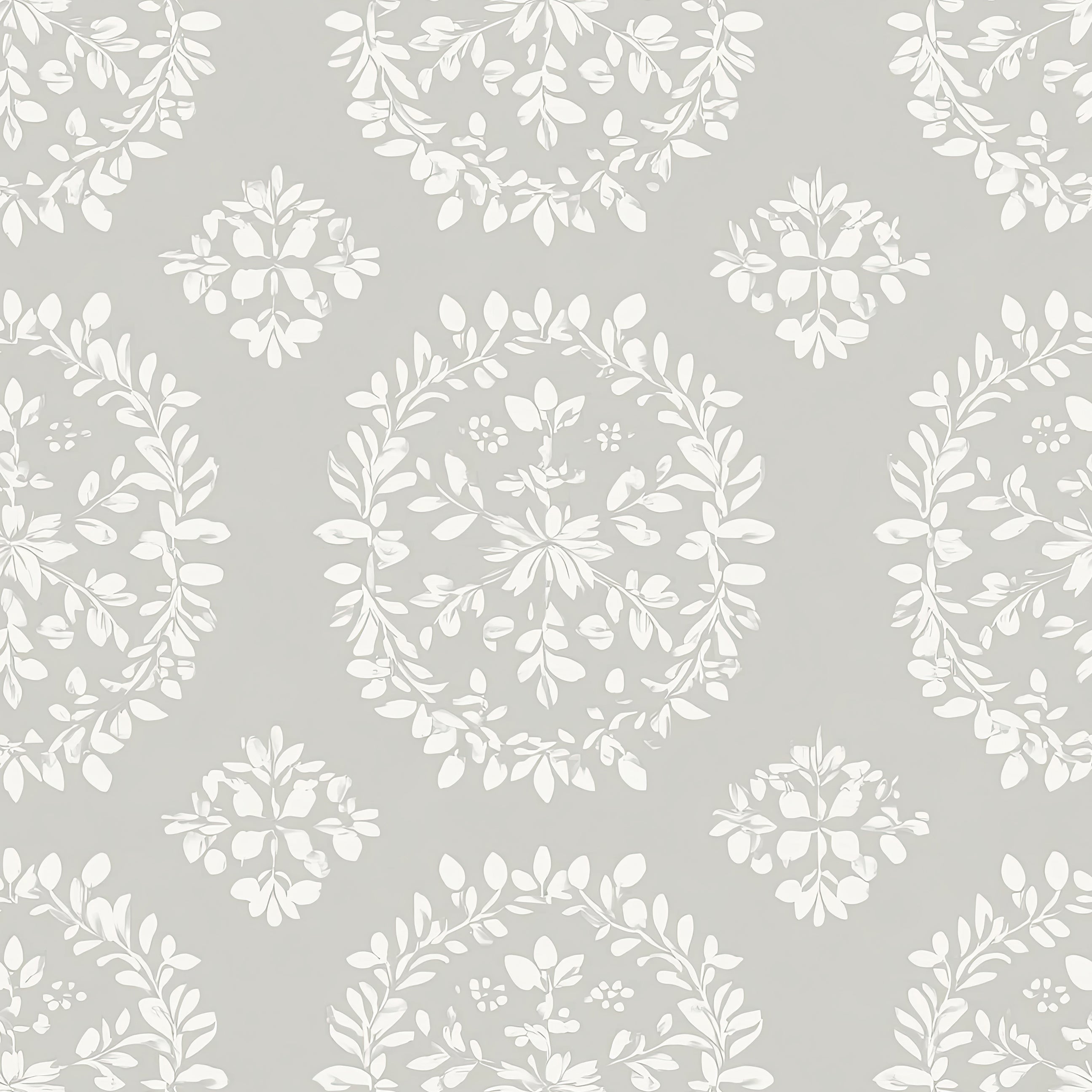 Elegant white laurel wreaths on a gray background wallpaper, perfect for traditional and modern interiors.