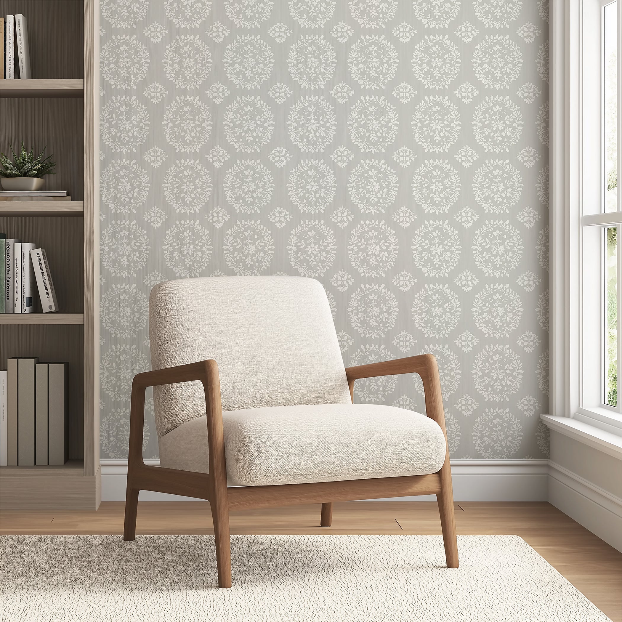 Elegant Floral Wallpaper with Laurel Wreaths in White and Gray, Enhancing a Modern Living Room Ambiance.