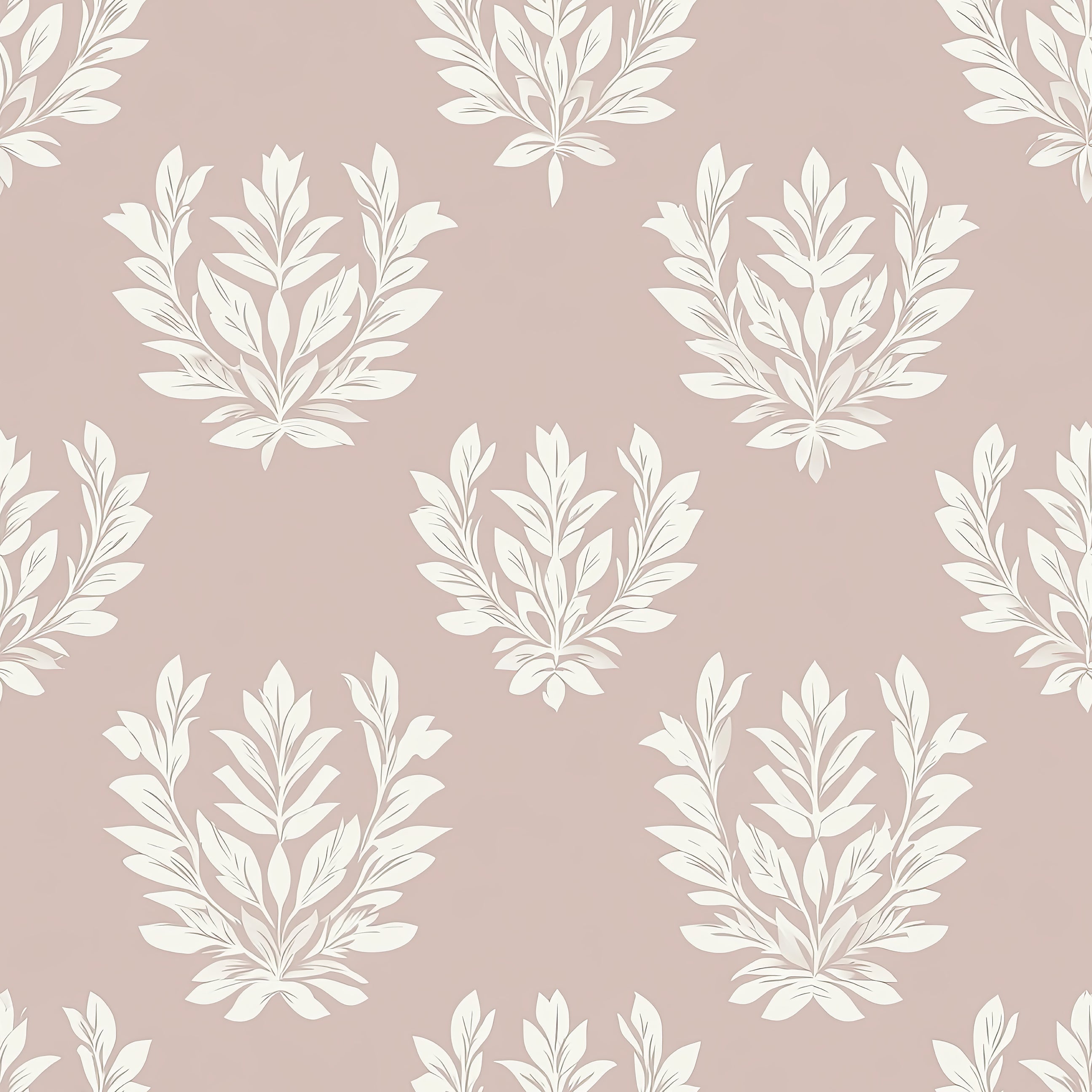 Graceful Garden Wreaths wallpaper with ivory laurel motifs on blush background, perfect for traditional and elegant interiors.