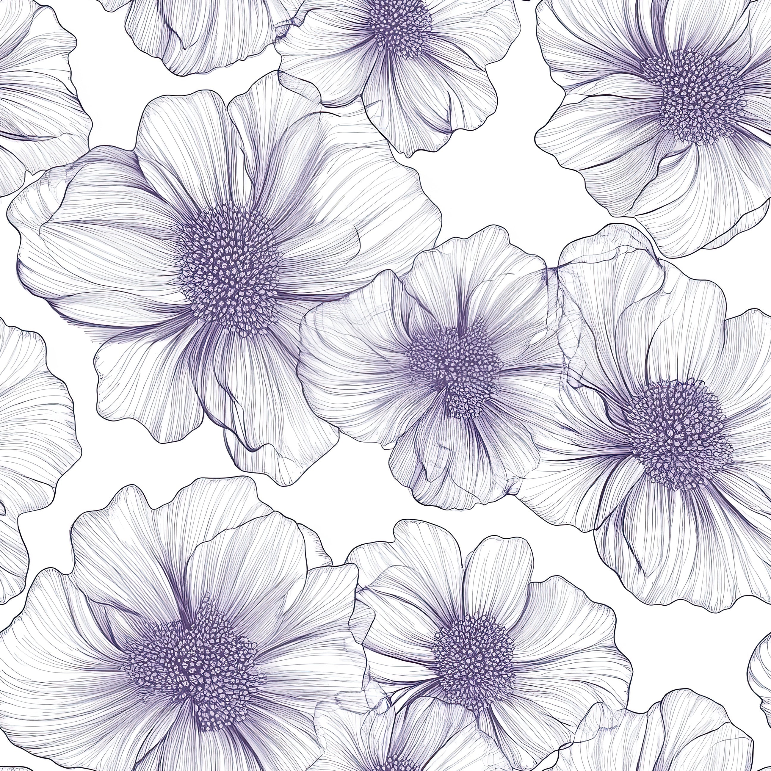 Monochrome lavender and purple floral wallpaper featuring detailed line-drawn flowers, perfect for modern and classic interiors.