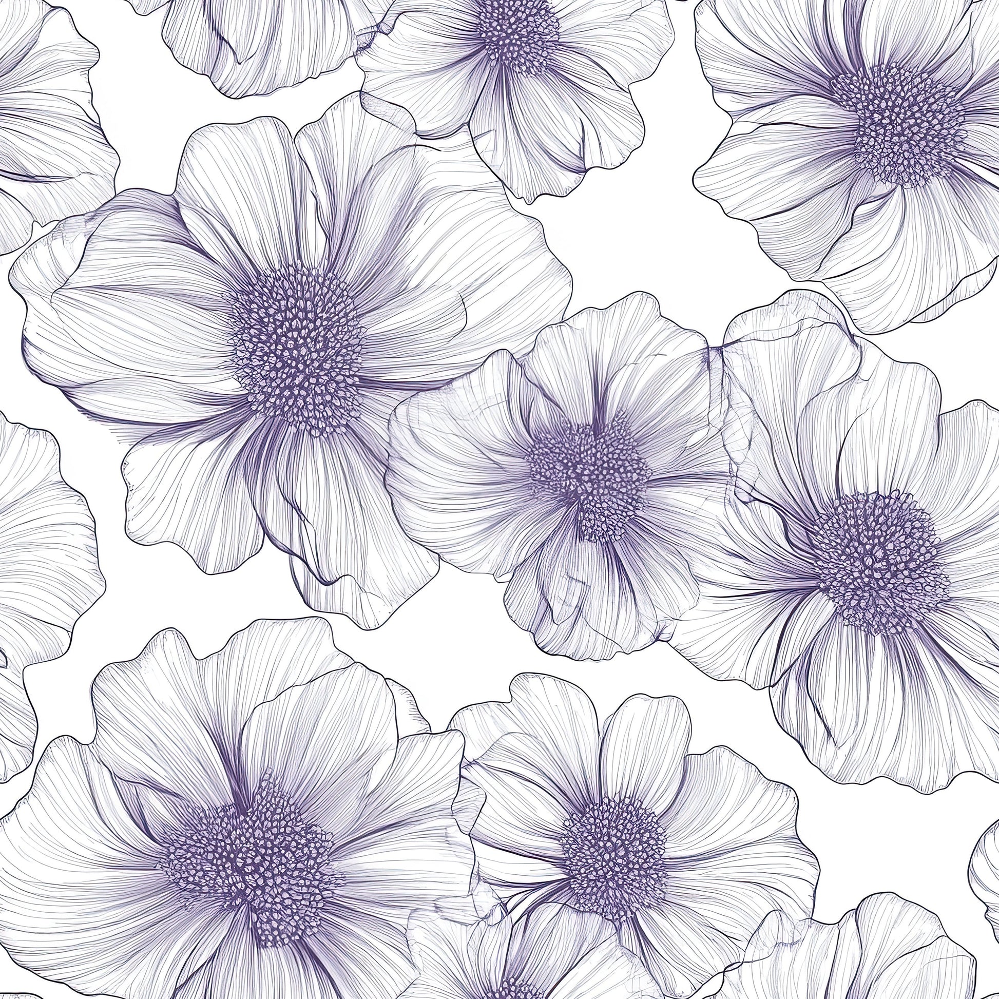 Monochrome lavender and purple floral wallpaper featuring detailed line-drawn flowers, perfect for modern and classic interiors.