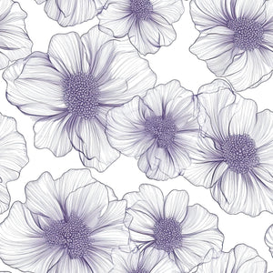 Monochrome lavender and purple floral wallpaper featuring detailed line-drawn flowers, perfect for modern and classic interiors.