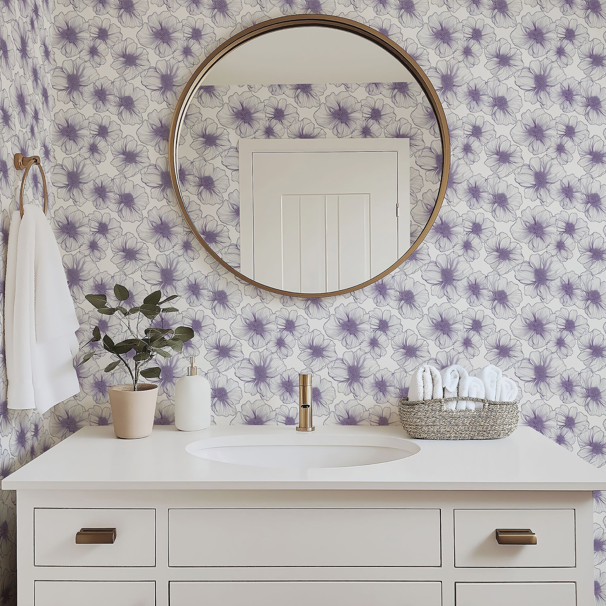 Bathroom with lavender lineage wallpaper featuring monochromatic floral design, modern vanity, plant, and round mirror.