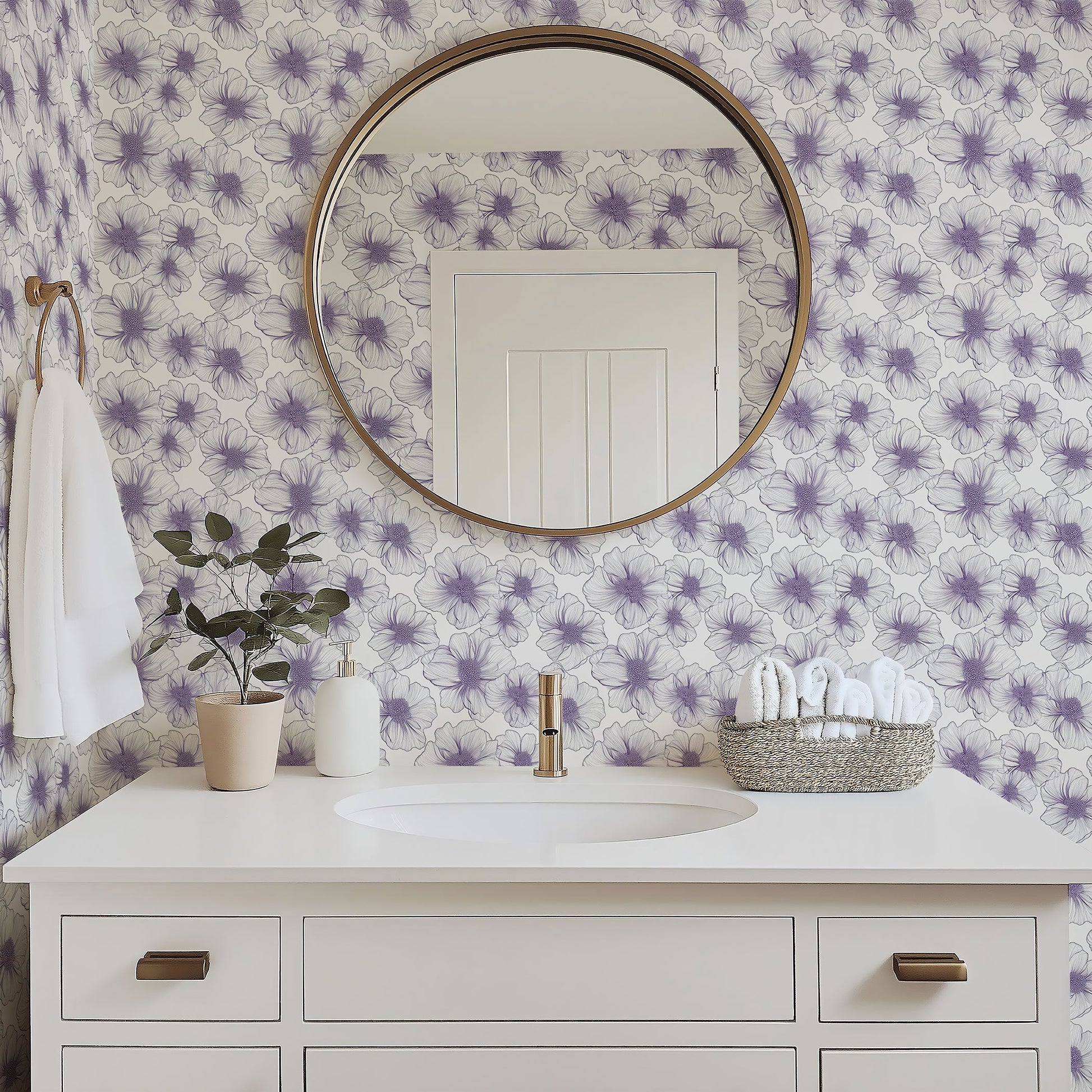 Bathroom with lavender lineage wallpaper featuring monochromatic floral design, modern vanity, plant, and round mirror.
