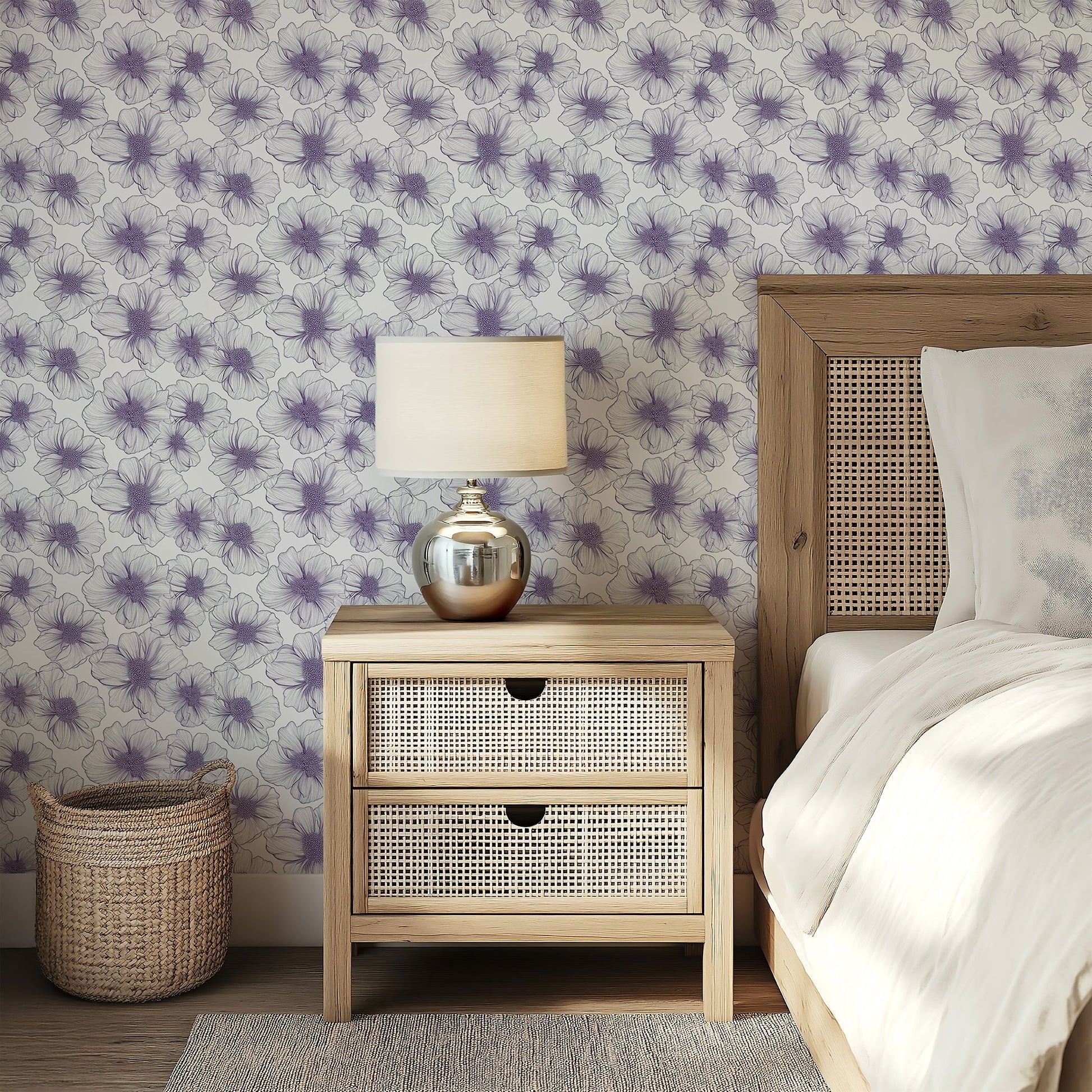Lavender Lineage Wallpaper in bedroom with floral monochrome design, featuring handcrafted purple flowers on a modern backdrop.