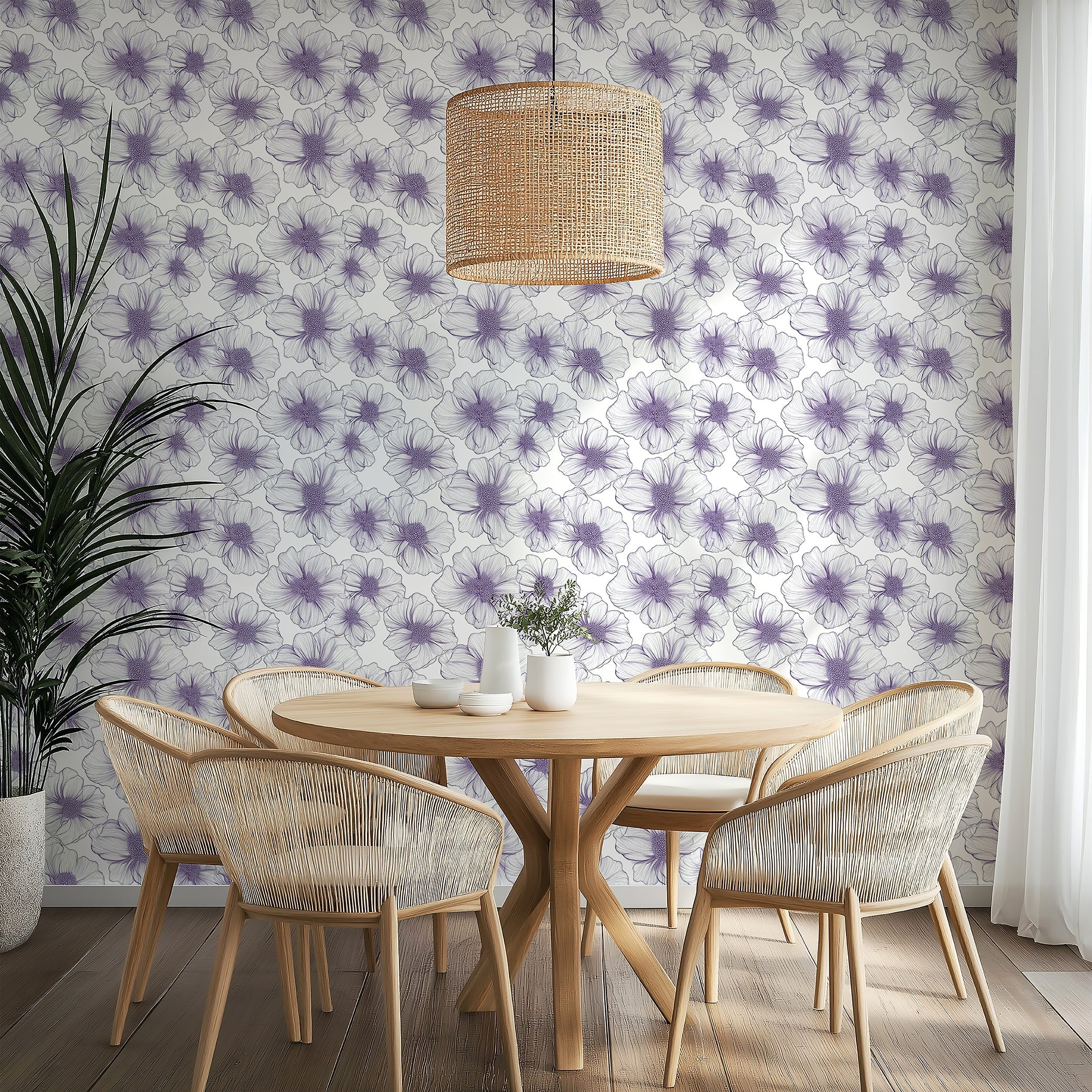 Lavender Lineage floral wallpaper with monochrome purple and white flowers, enhancing modern dining room decor.