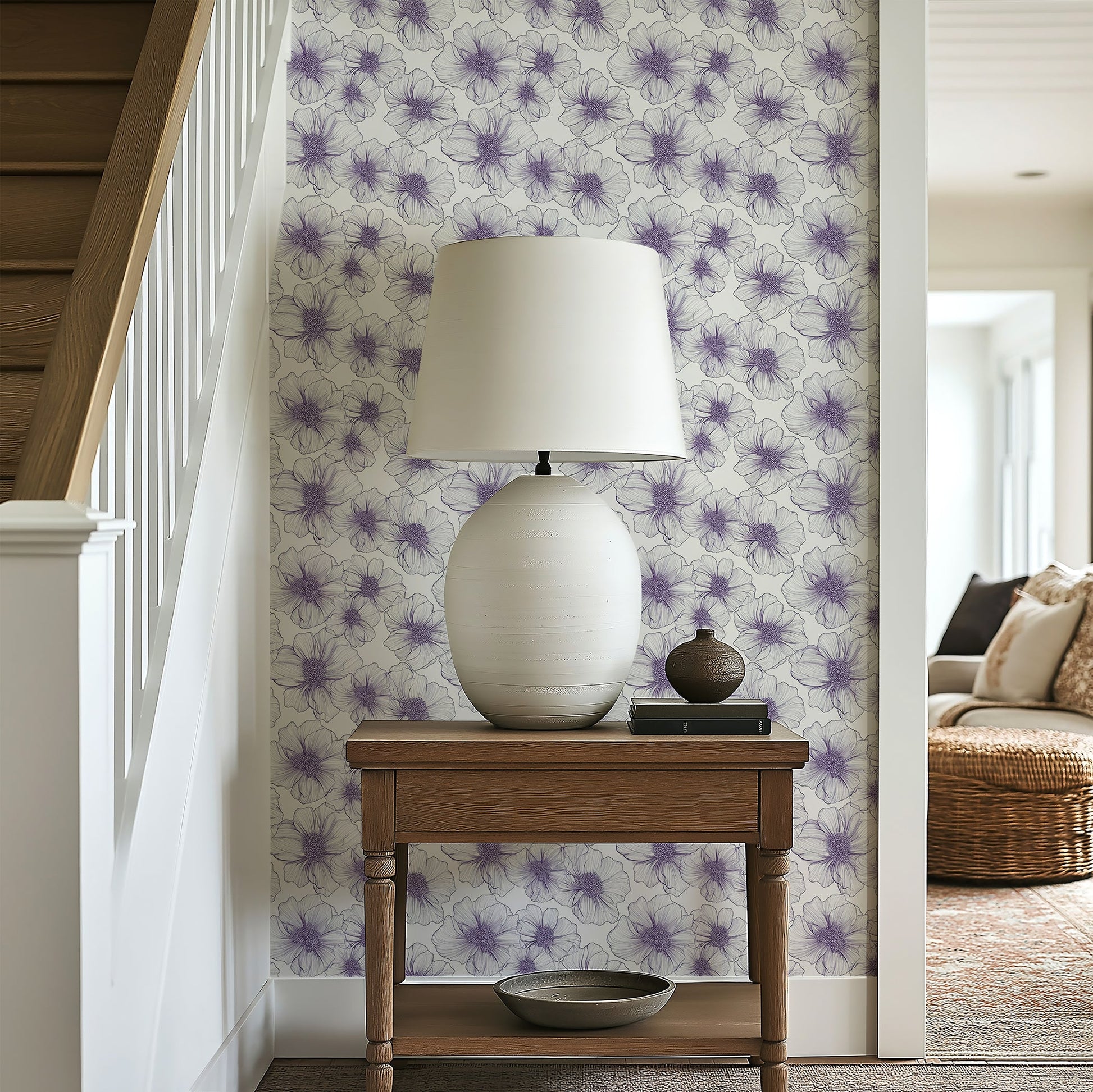 Lavender Lineage Wallpaper featuring monochrome floral design in purple and white, adding elegance to modern interiors.