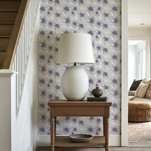 Lavender Lineage Wallpaper featuring monochrome floral design in purple and white, adding elegance to modern interiors.