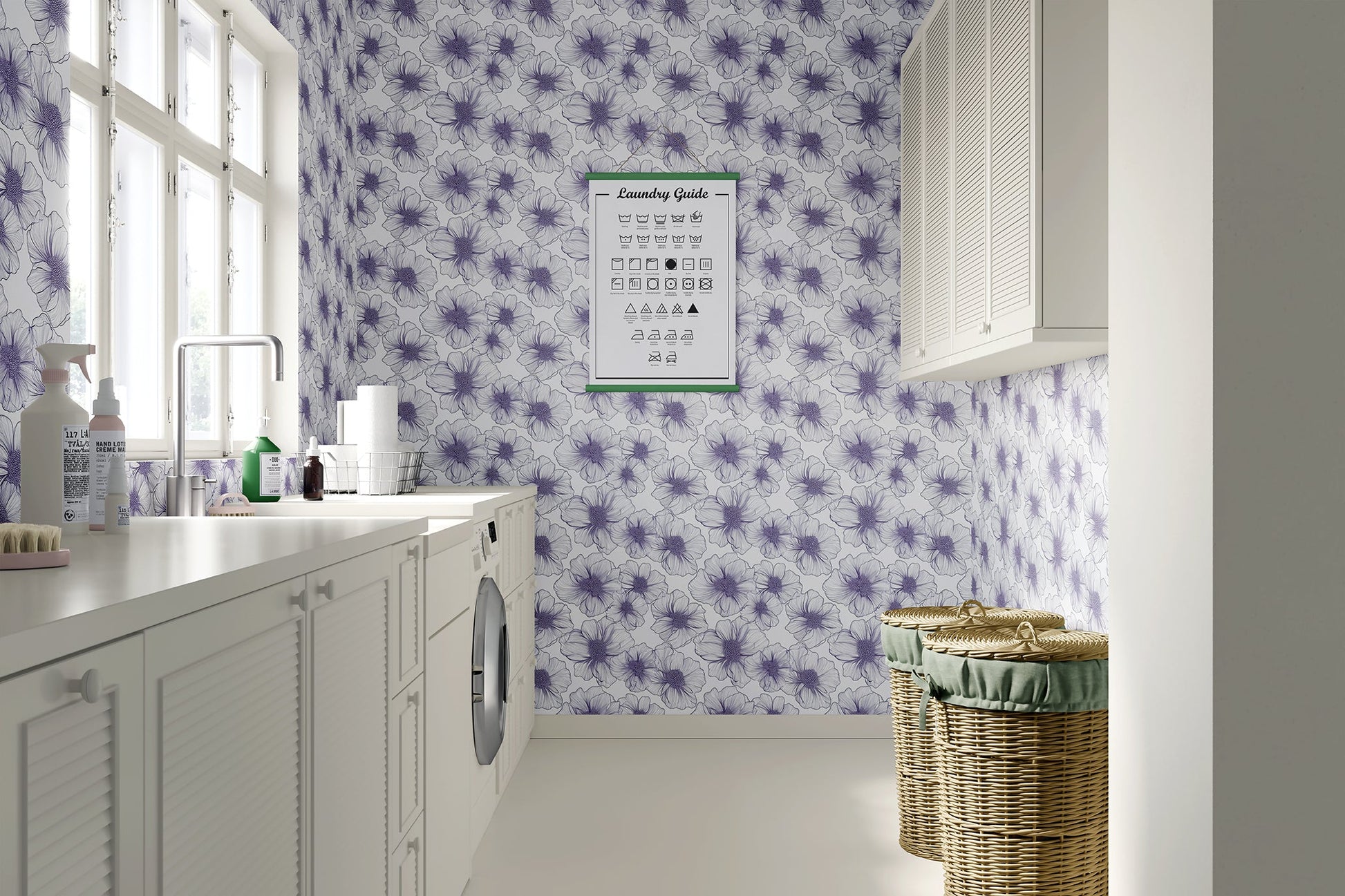Laundry room featuring Lavender Lineage wallpaper, showcasing floral, monochrome lavender flowers against a white backdrop.