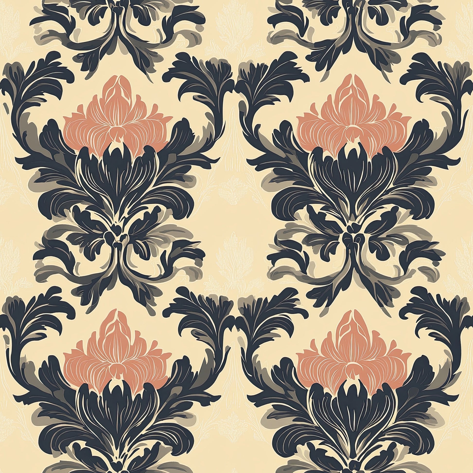 Chic Blossom Damask wallpaper featuring black and tan damask patterns with pink floral elements, ideal for elegant interiors.