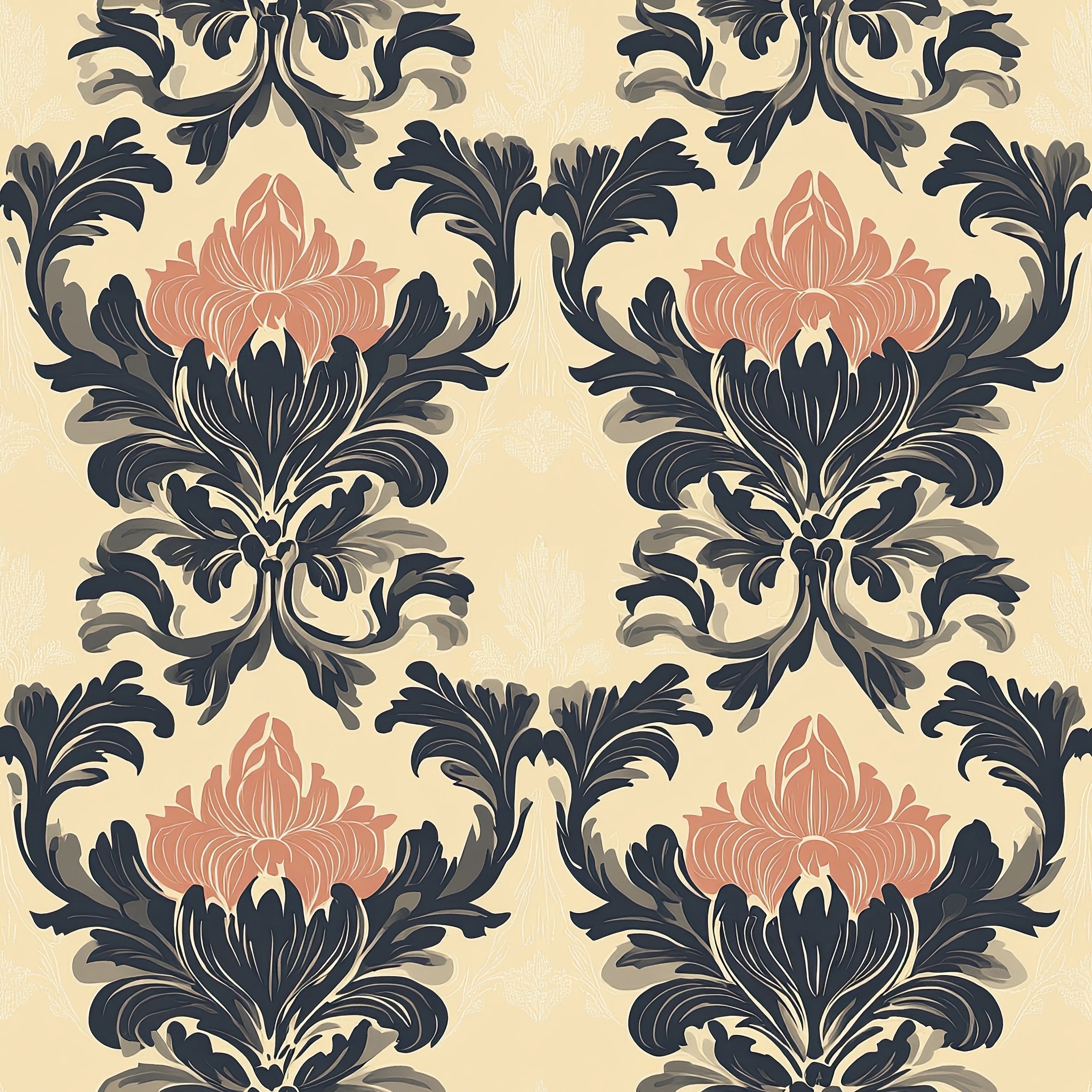 Chic Blossom Damask wallpaper featuring black and tan damask patterns with pink floral elements, ideal for elegant interiors.