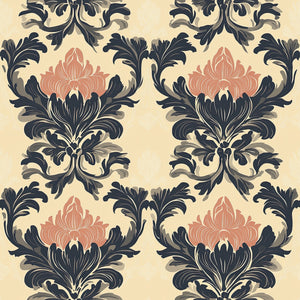 Chic Blossom Damask wallpaper featuring black and tan damask patterns with pink floral elements, ideal for elegant interiors.