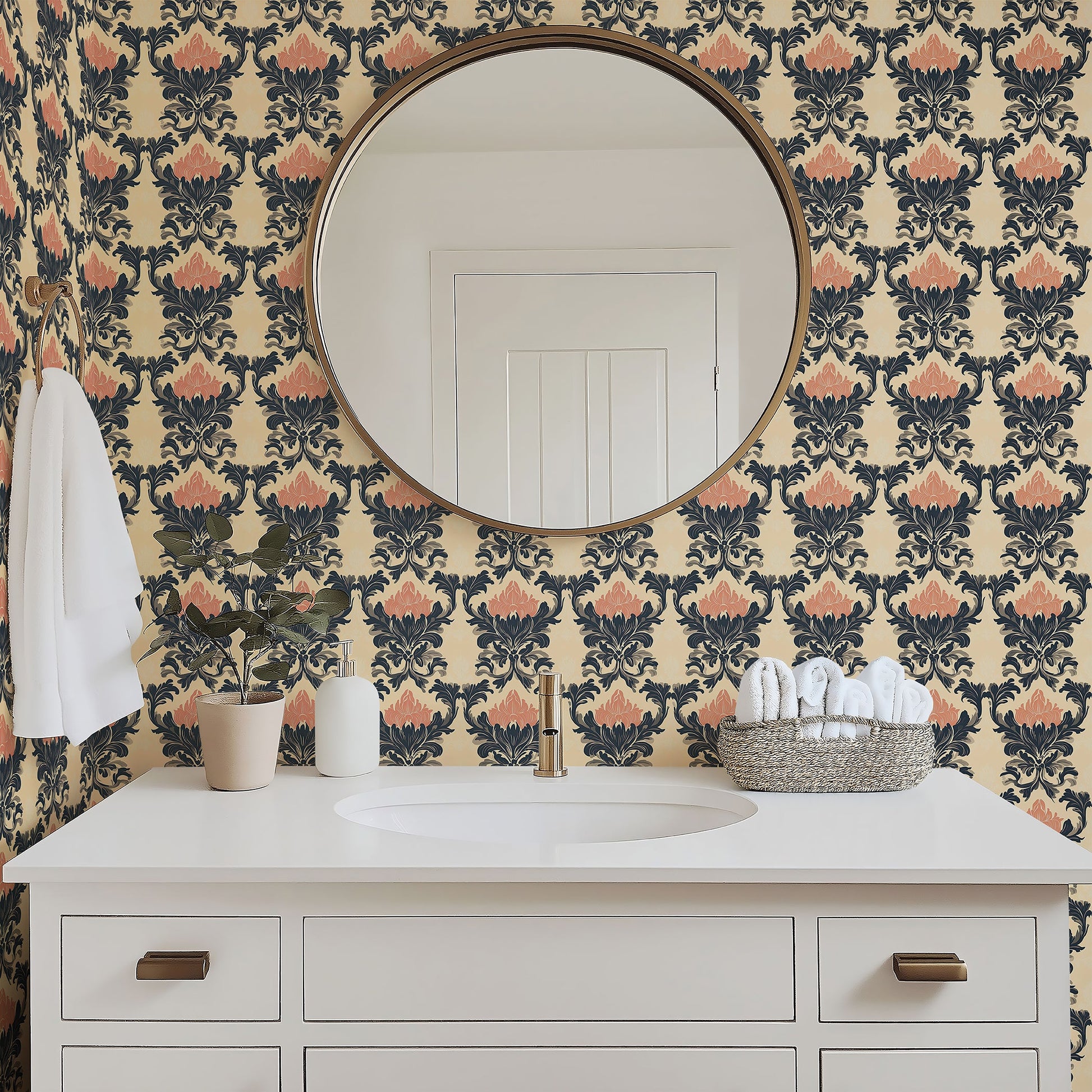 Chic Blossom Damask wallpaper with floral patterns in pink, black, and tan enhancing a modern bathroom space.