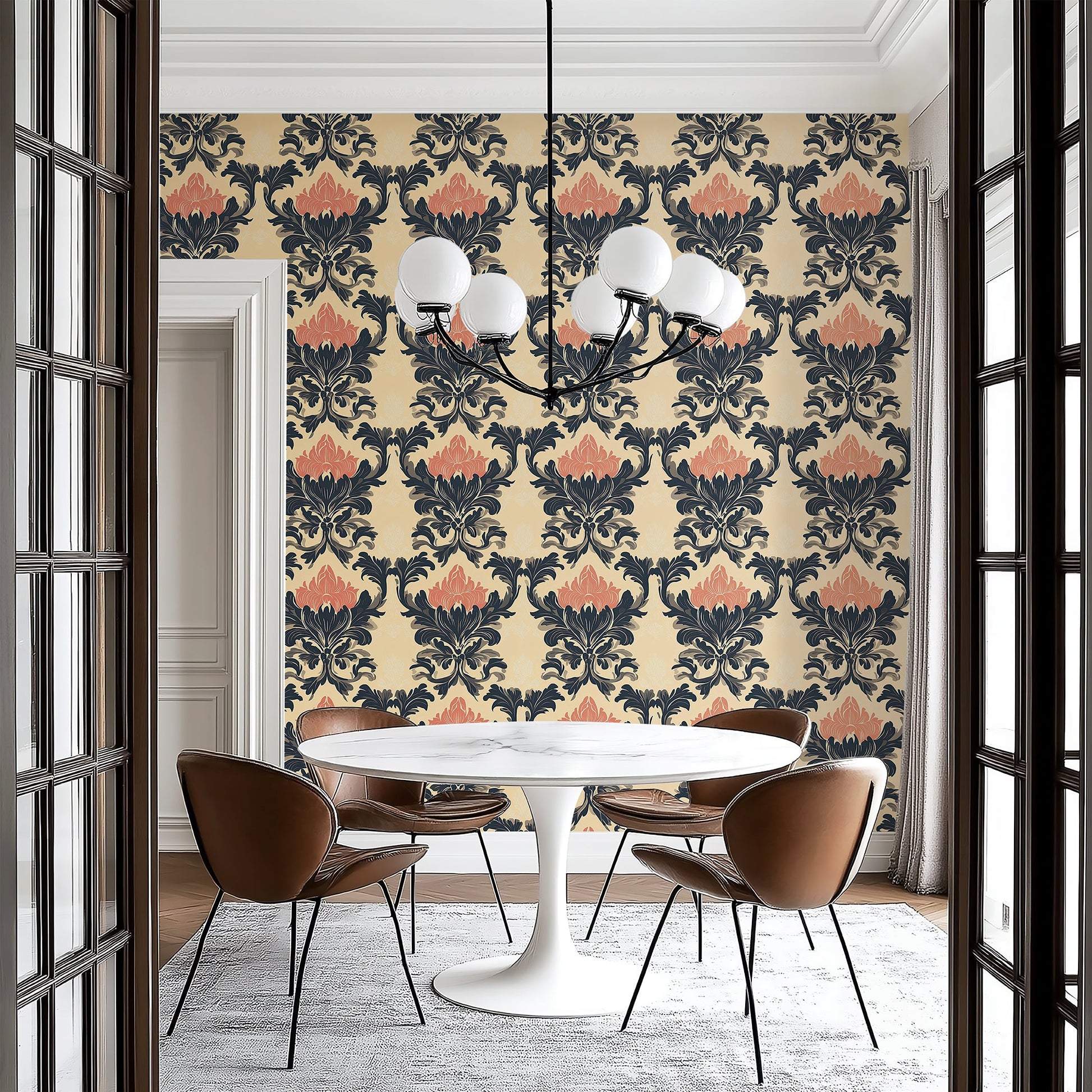 Dining room with Chic Blossom Damask wallpaper featuring pink floral and black leaf patterns against a tan backdrop.