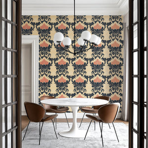 Dining room with Chic Blossom Damask wallpaper featuring pink floral and black leaf patterns against a tan backdrop.