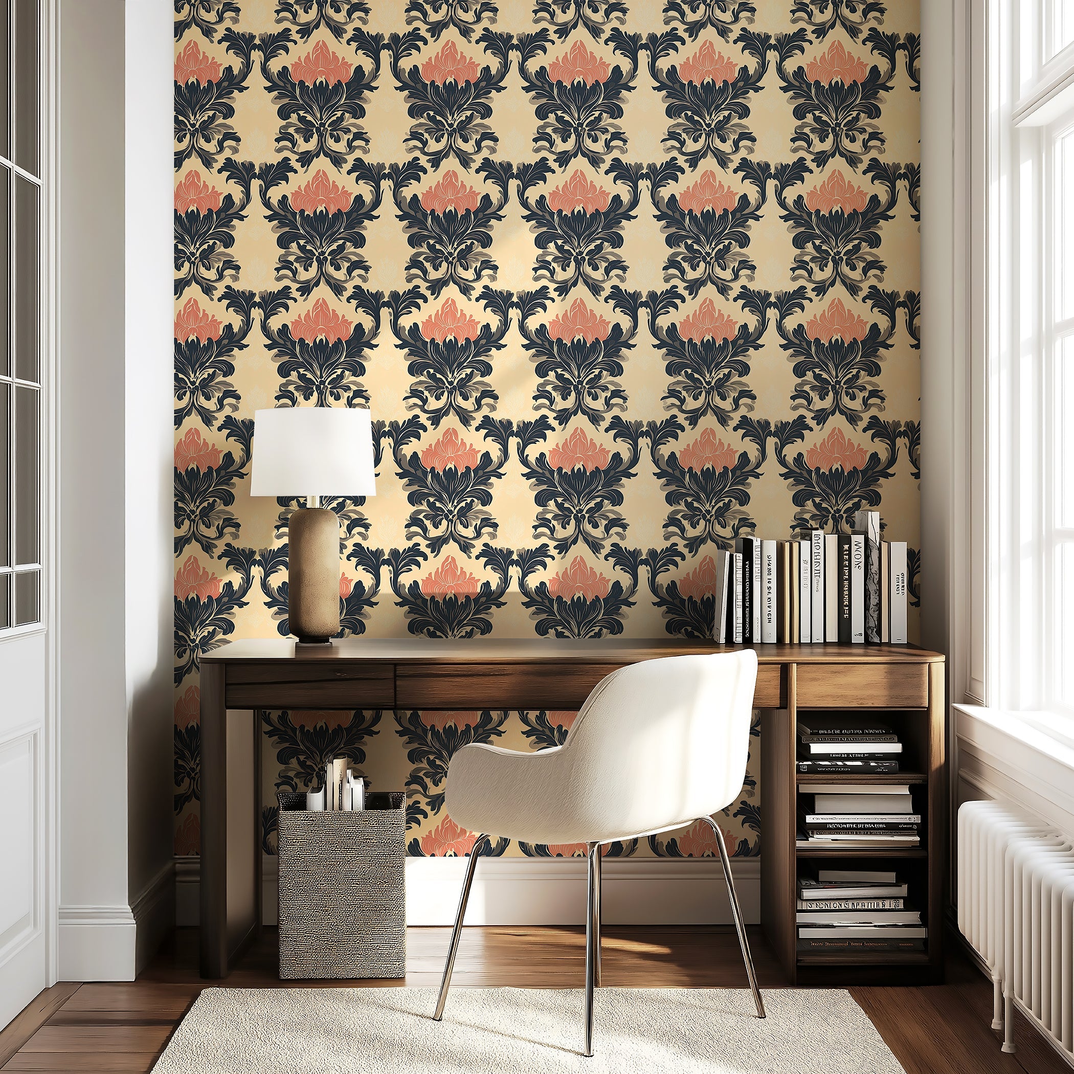 Chic Blossom Damask Wallpaper with pink floral and black leaf motifs on tan background, enhancing a room with elegance and style.