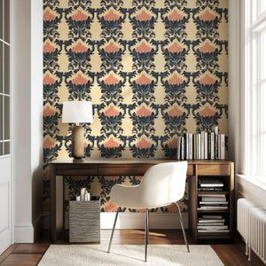 Chic Blossom Damask Wallpaper with pink floral and black leaf motifs on tan background, enhancing a room with elegance and style.