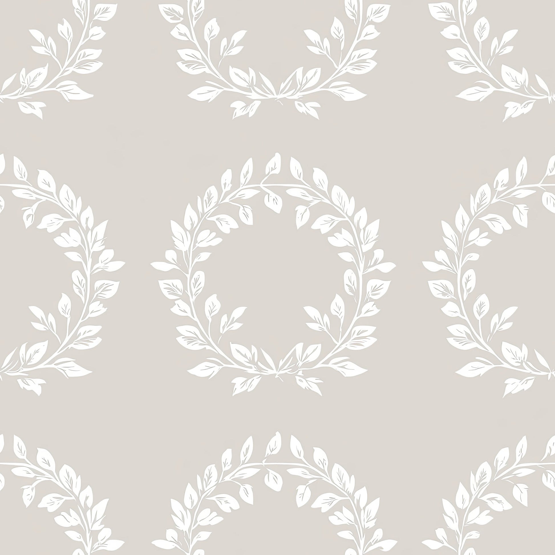 Traditional Wreath Harmony wallpaper with white laurel wreaths on taupe background; classic, elegant design for home decor.