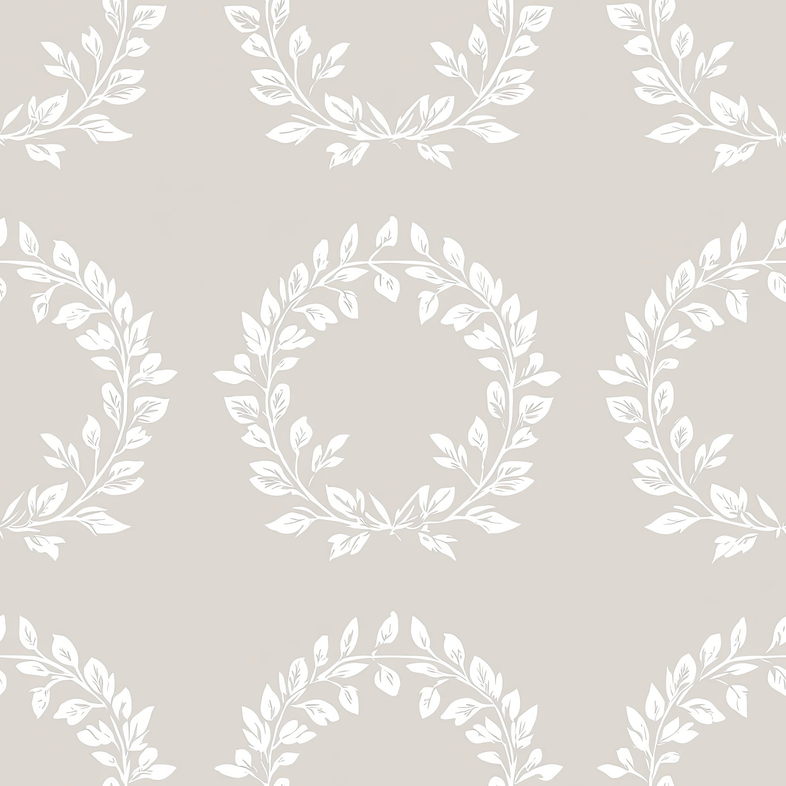 Traditional Wreath Harmony wallpaper with white laurel wreaths on taupe background; classic, elegant design for home decor.