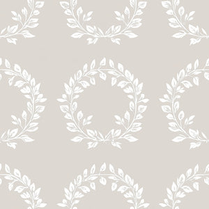 Traditional Wreath Harmony wallpaper with white laurel wreaths on taupe background; classic, elegant design for home decor.