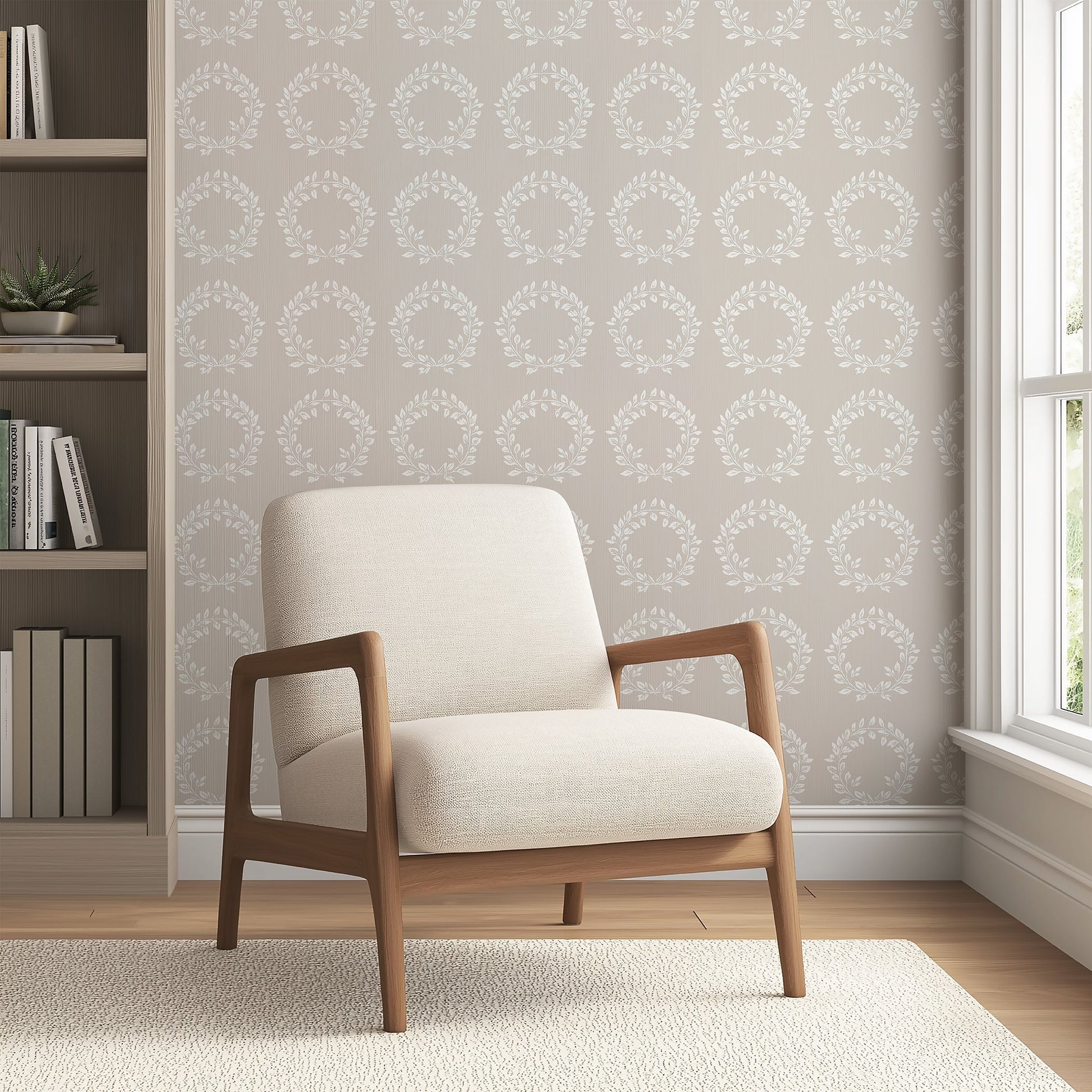 Elegant room with white laurel wreath wallpaper on taupe background, wooden armchair, suitable for traditional decor.