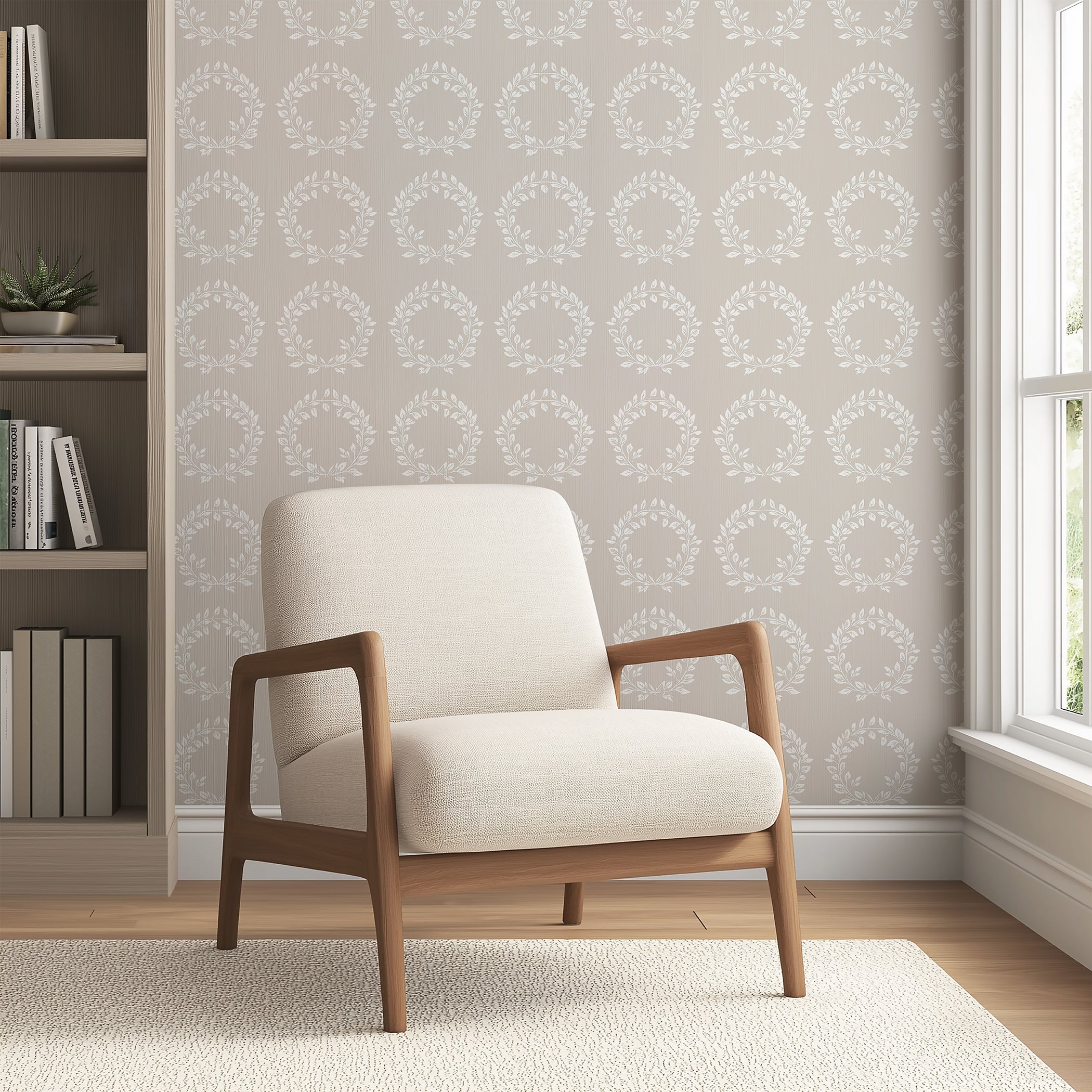 Elegant room with white laurel wreath wallpaper on taupe background, wooden armchair, suitable for traditional decor.