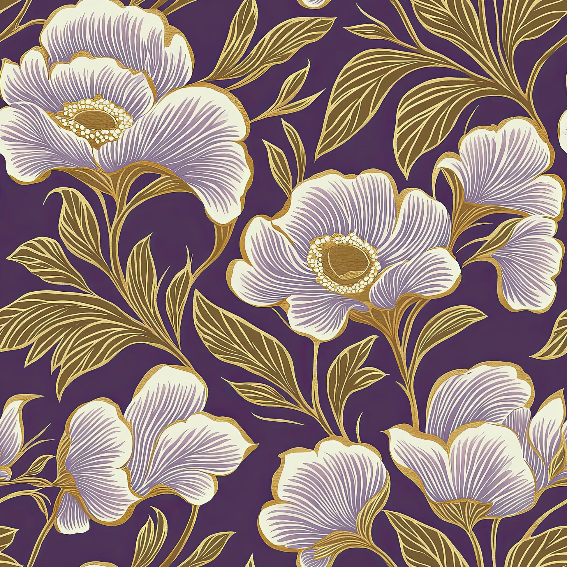 Lavish Floral Opulence wallpaper with traditional purple background, featuring oversized ivory flowers and golden outlines, elegant design.