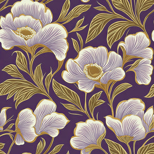 Lavish Floral Opulence wallpaper with traditional purple background, featuring oversized ivory flowers and golden outlines, elegant design.
