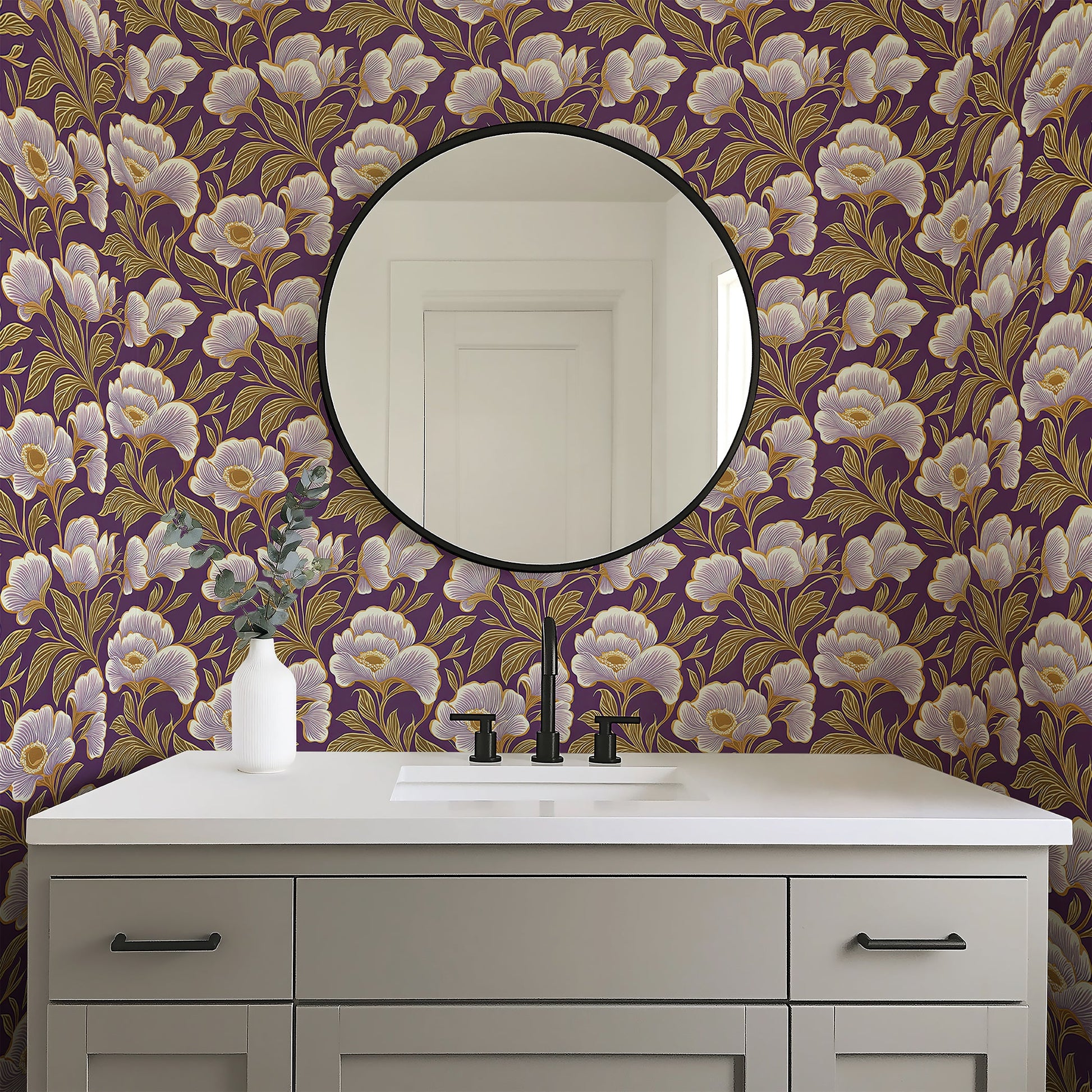 Lavish Floral Opulence wallpaper with purple background, showcasing ivory and lavender flowers, in elegant traditional bathroom decor.