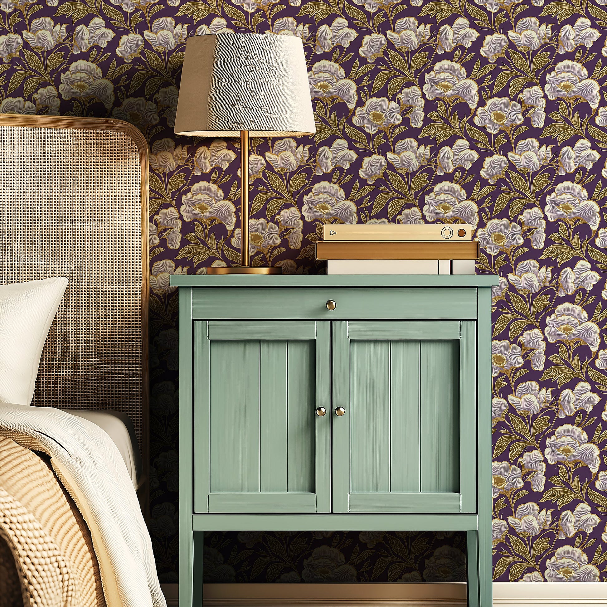 Lavish Floral Opulence wallpaper with oversized lavender and ivory flowers on royal purple, enhancing a traditional decor.