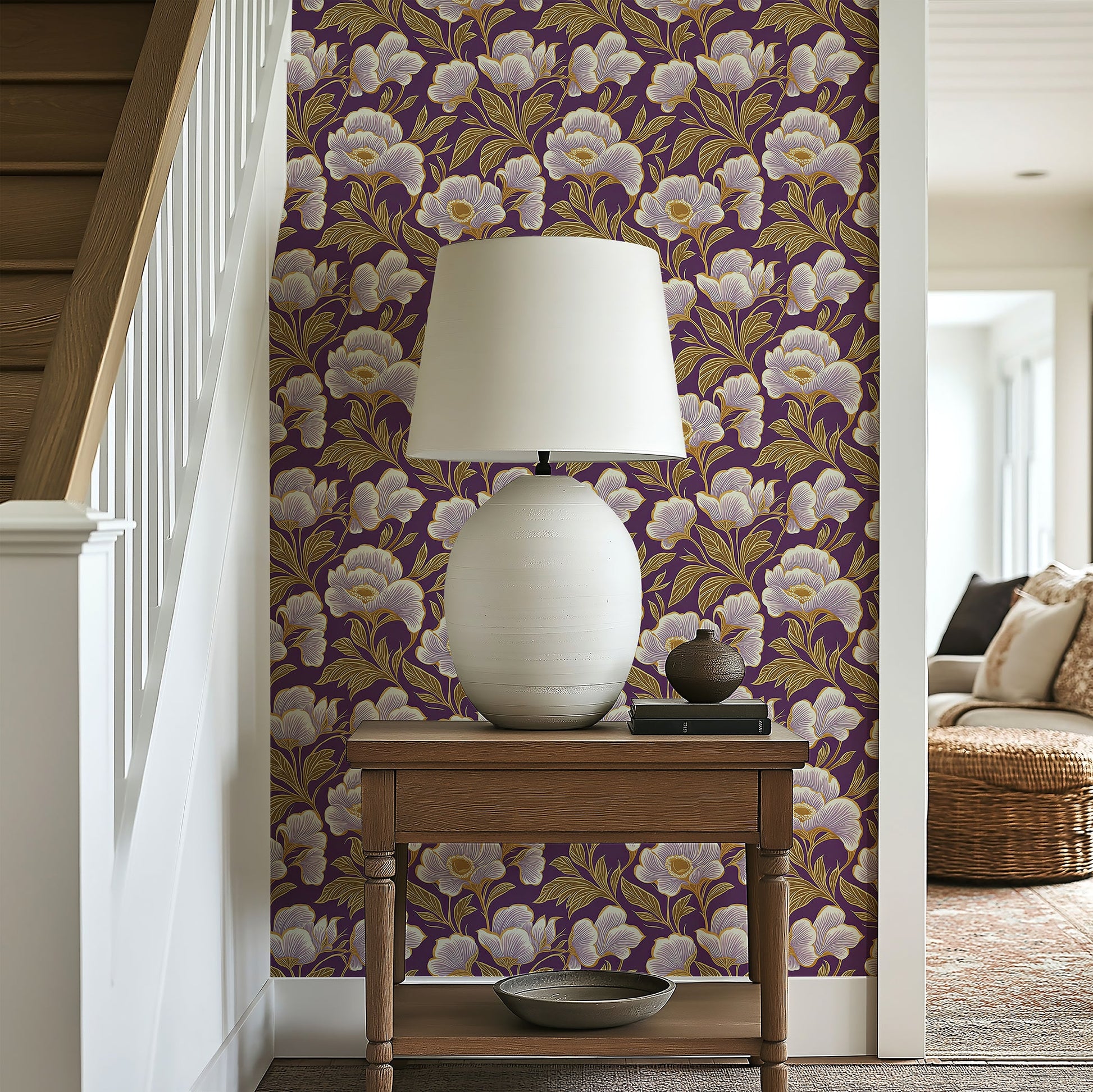 Alt Tag: Elegant floral wallpaper with purple, lavender, and ivory flowers, featuring a traditional design for stylish interiors.