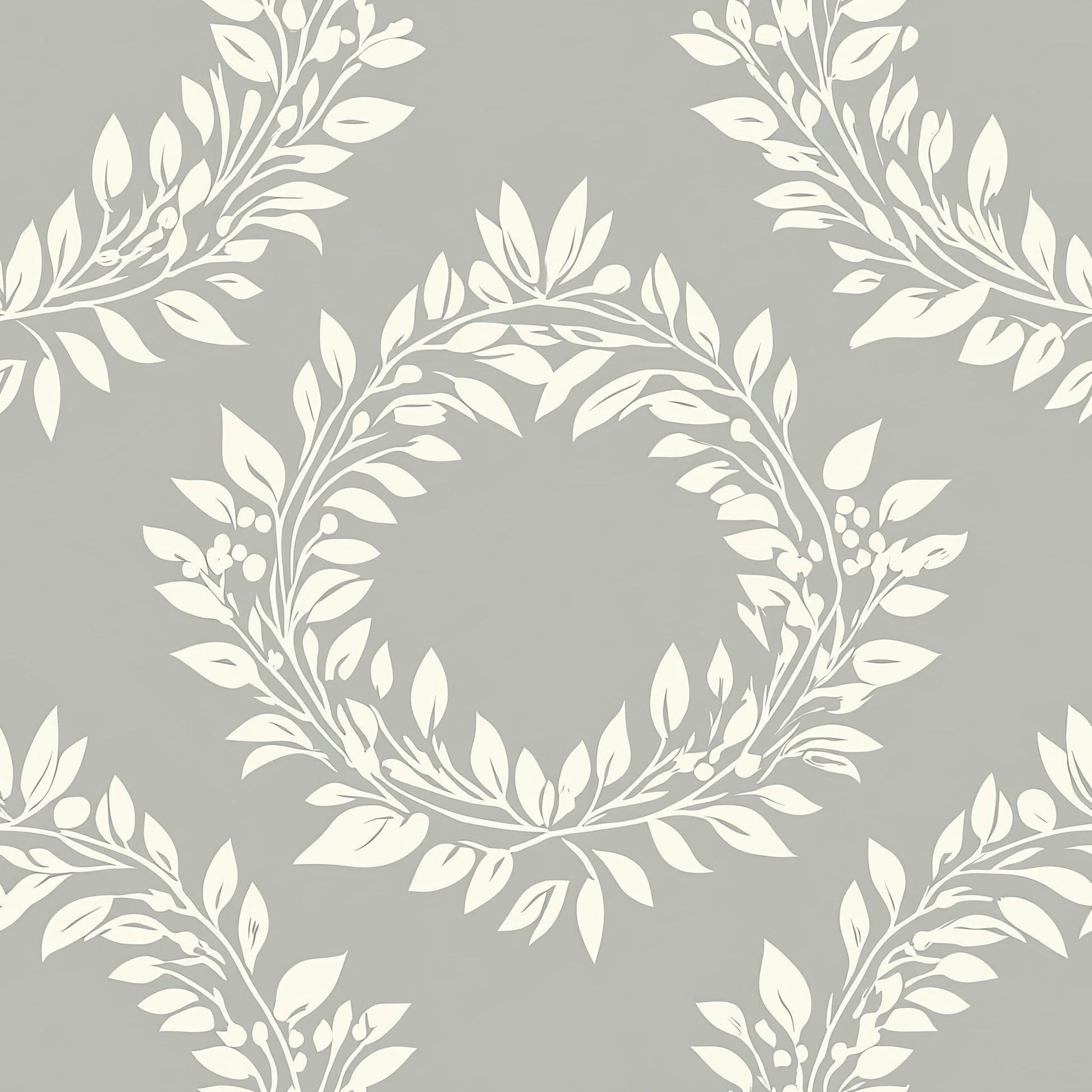 Elegant Leaf Wreaths wallpaper with ivory botanical laurel wreaths on a muted gray background, perfect for traditional decor.