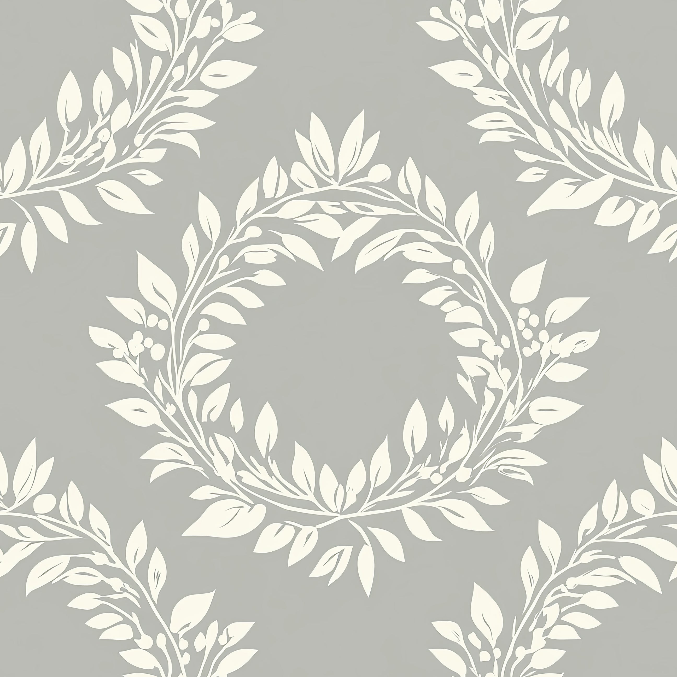Elegant Leaf Wreaths wallpaper with ivory botanical laurel wreaths on a muted gray background, perfect for traditional decor.